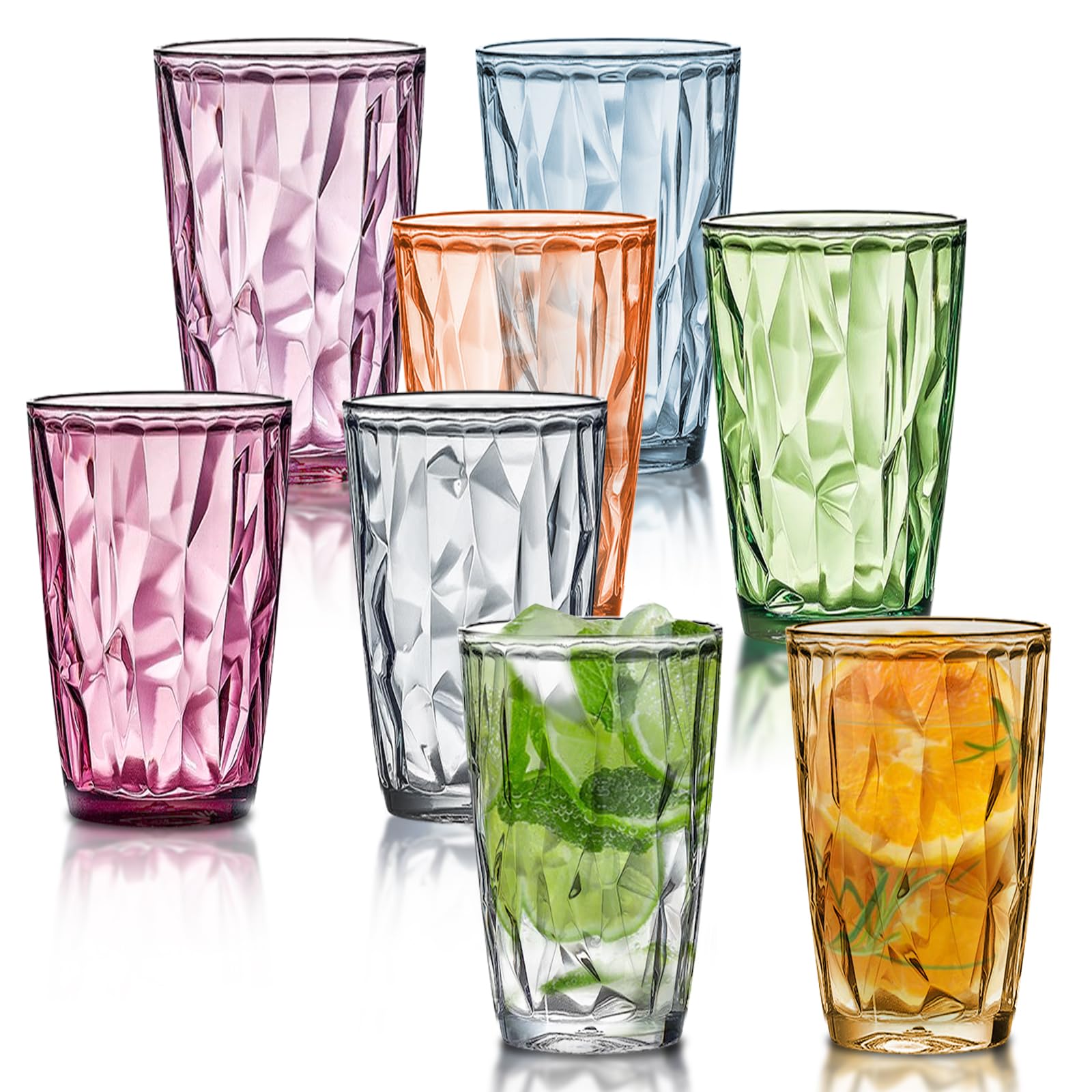 Zestaw 8 szklaneczek, 470 ml, szklanki do picia, kolorowe plastikowe kubki w 8 kolorach, kubeczek dla dzieci, niełamliwe, stosunkowe plastikowe szklanki do soku na kemping, imprezy