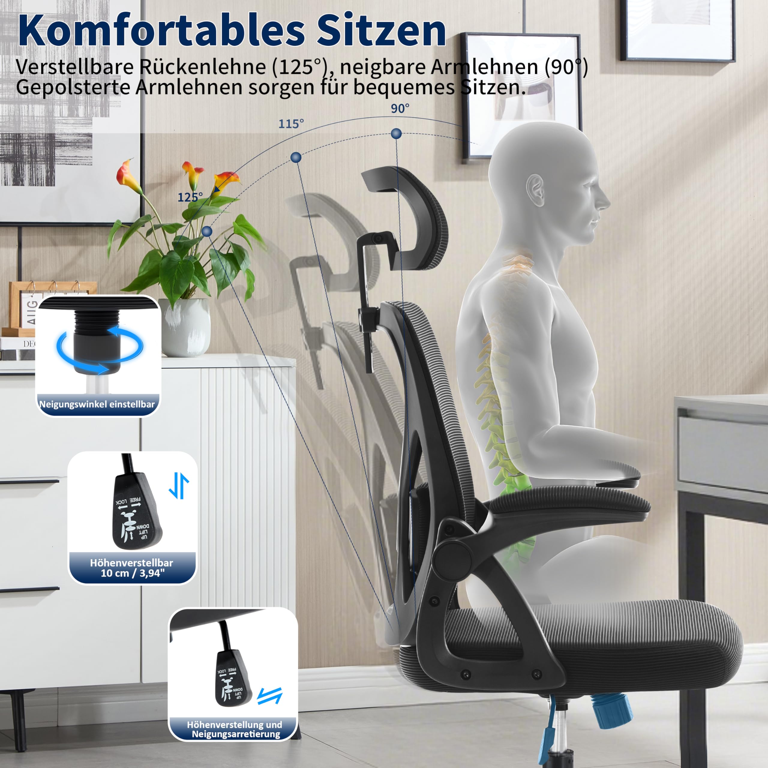 Fizzin Bürostuhl Ergonomischer Wippfunktion bis 125°,180kg | Schreibtischstuhl mit verstellbare Kopfstütze,Armlehnen & Lendenstütze Chefsessel Mesh für Büro, Gaming & Homeoffice, Schwarz