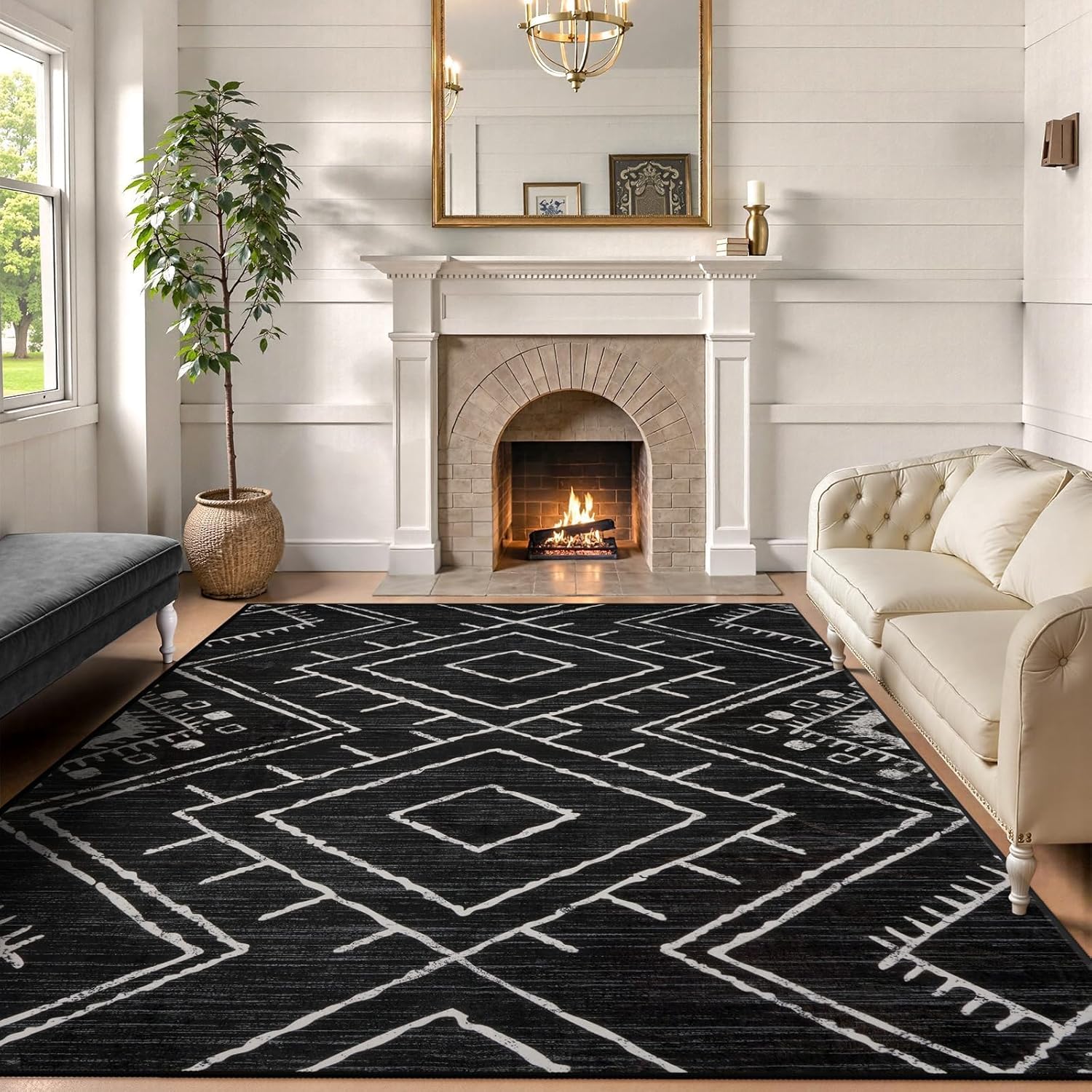 LIVEBOX Moroccan 8x10 Area Rug, Black Washable Rugs for Living Room Bedroom, Non Slip Western Tribal Rug Low Pile Geometric Large Area Rugs Diamond Carpet for Dining Room Home Office Decor Playroom 8‘ x 10' Black