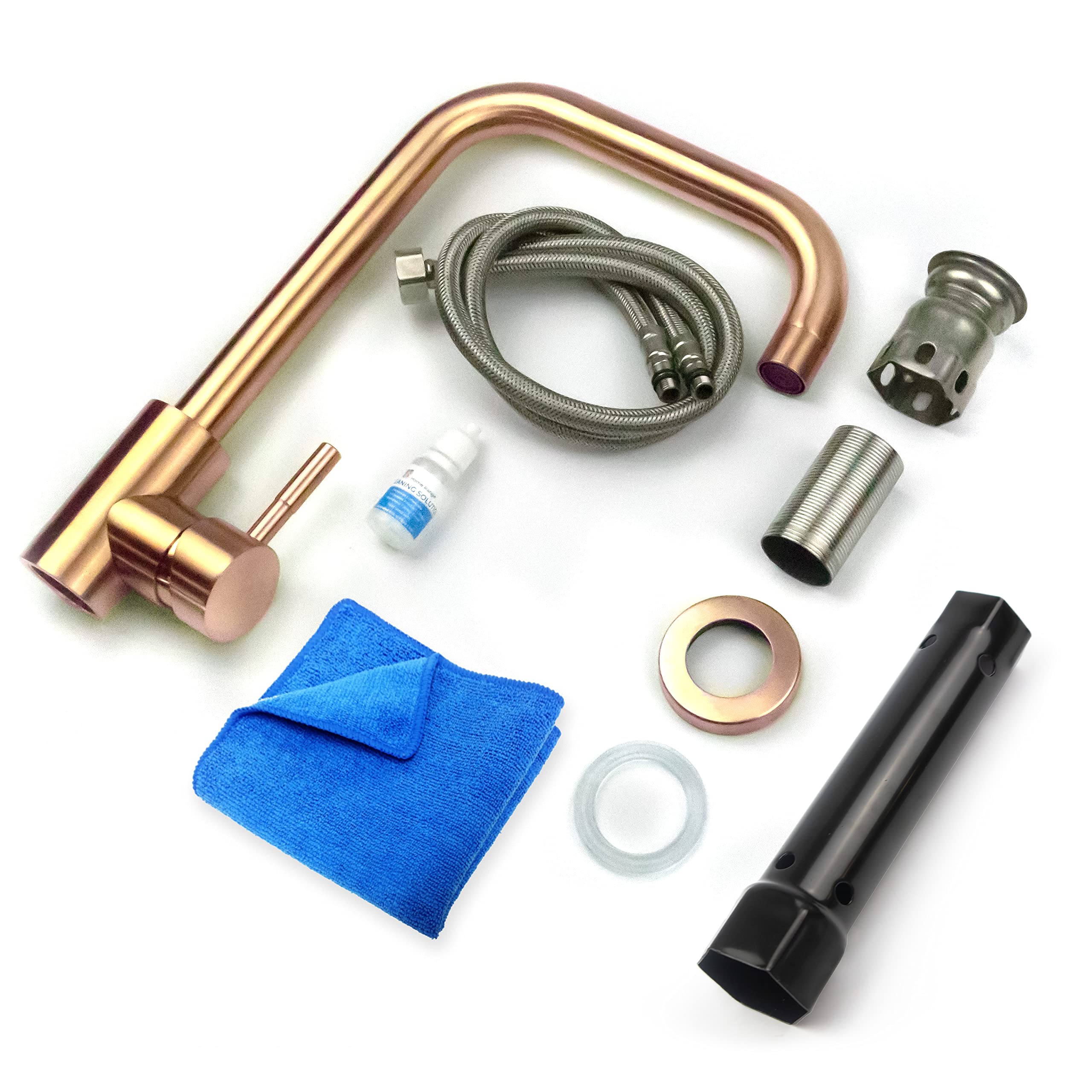 Grifo monomando para fregadero de cocina, color oro rosa cepillado | Lujoso acero inoxidable 304 con kit de limpieza y montaje, diseño de cuello giratorio angular, agua fría y caliente