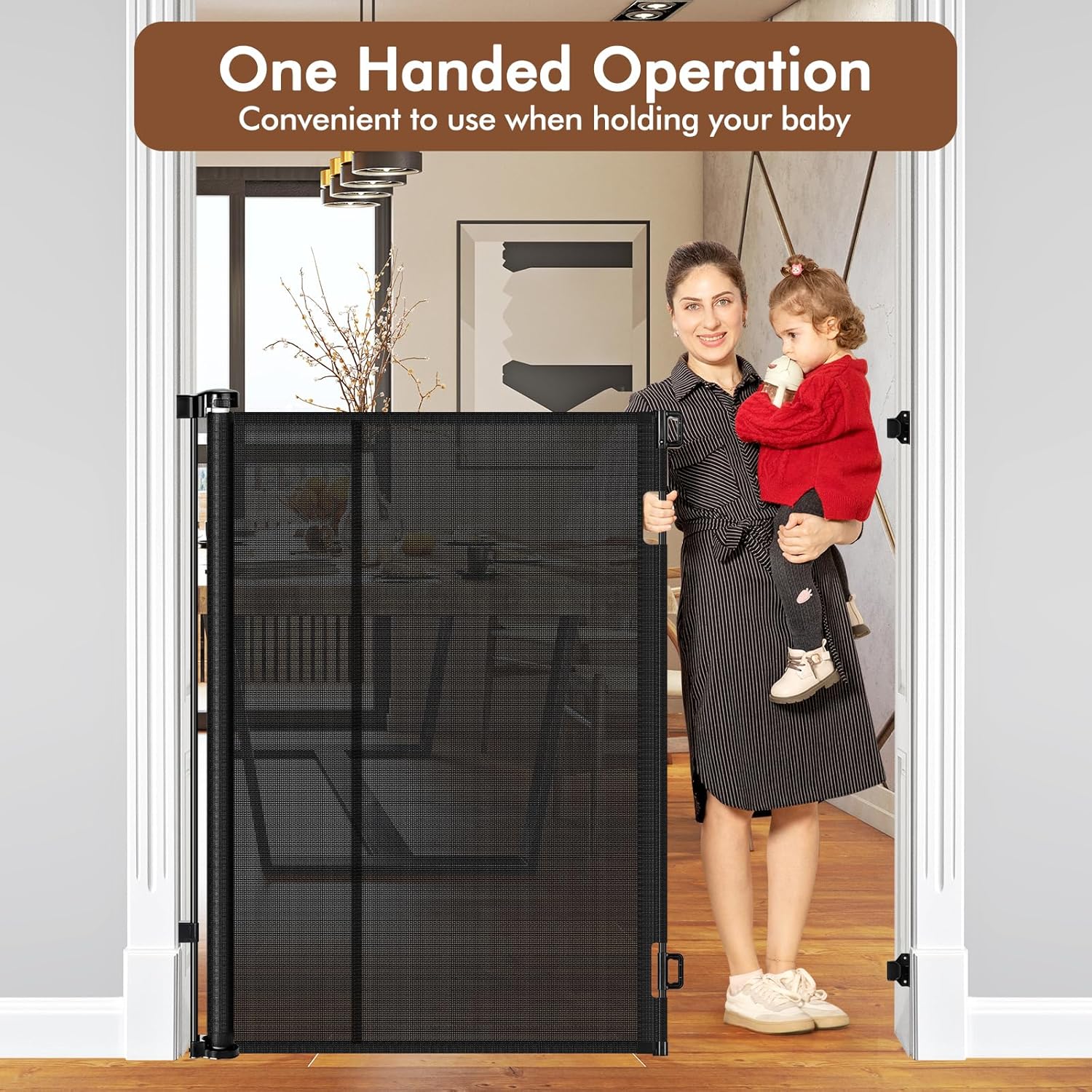 Reinforced 48" Extra Tall Pet Gate with Support Rods, 4 Ft Tall Retractable Baby Gates for Doorways 55" Wide Mesh Dog Gate Indoor Outdoor - Prevent Baby/Pet from Jumping Over, Black