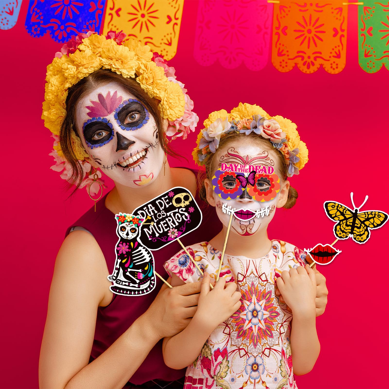 30 Accessoires Photomaton Jour Des Morts – Crânes En Sucre, Fleurs De Souci, Décorations Fête Mexicaine (Cinco De Mayo, Halloween) - 6