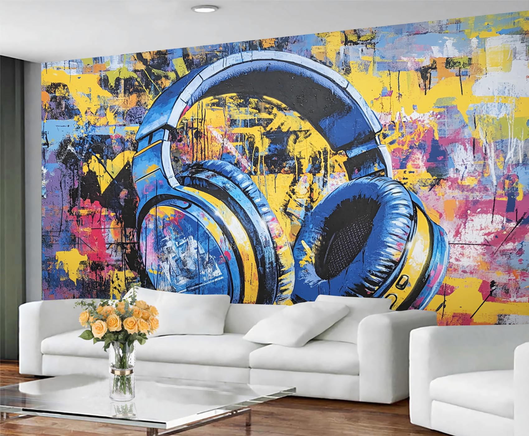 GIVLWF Street Art Graffiti Wallpaper, Headphones Graffiti Bedroom Wallpaper Murals, Hippie Wall Paper for Living Room, Abstract Large Mural & Boys Room Decor, Painting Not Self Adhesive