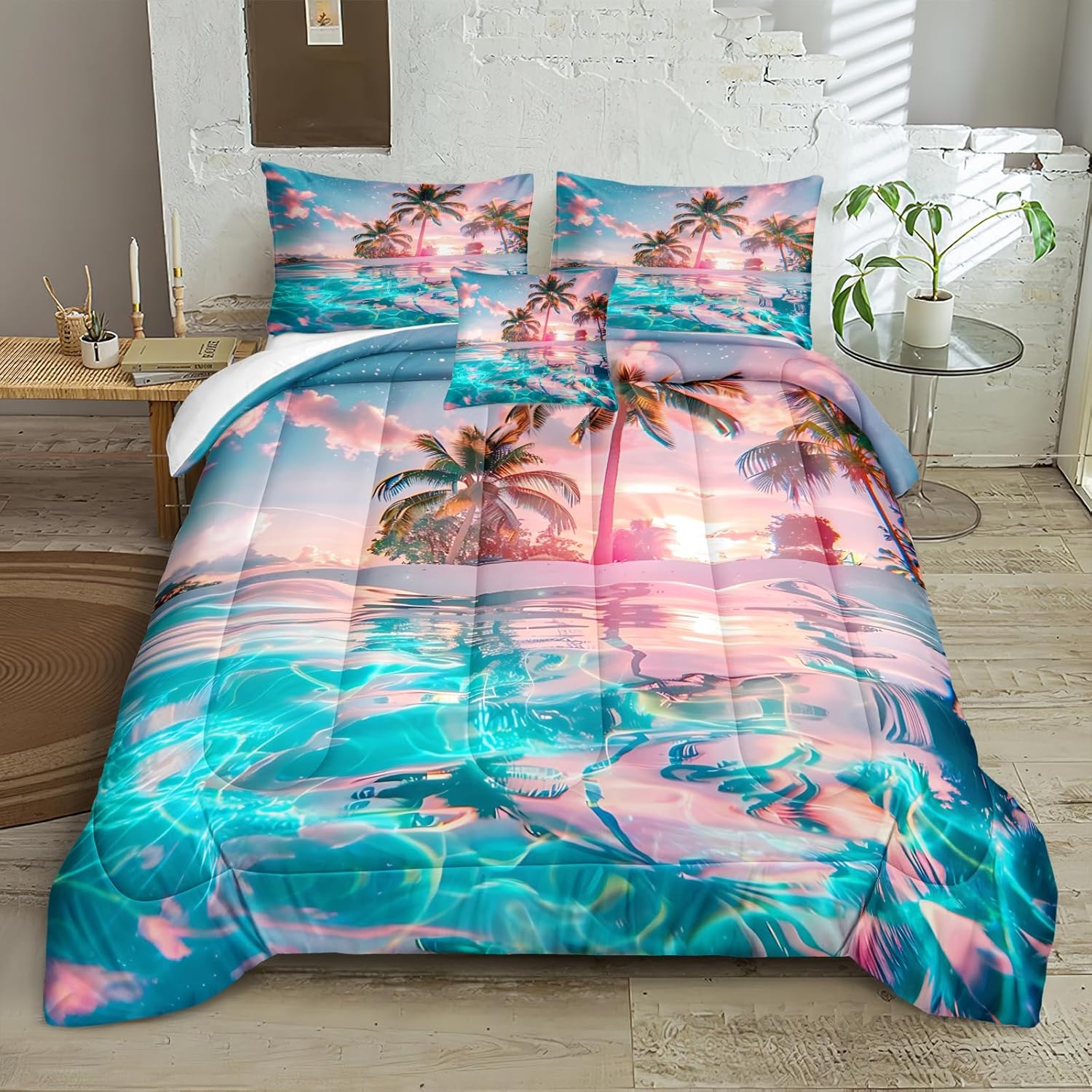 Bedrom Ocean Beach Comforter Set Queen Palm Tree Tropical Bedding 4 Pcs Pink Sunset Blue Coastal Romantic Natural Comforter Hawaii Beach Bedroom Decor