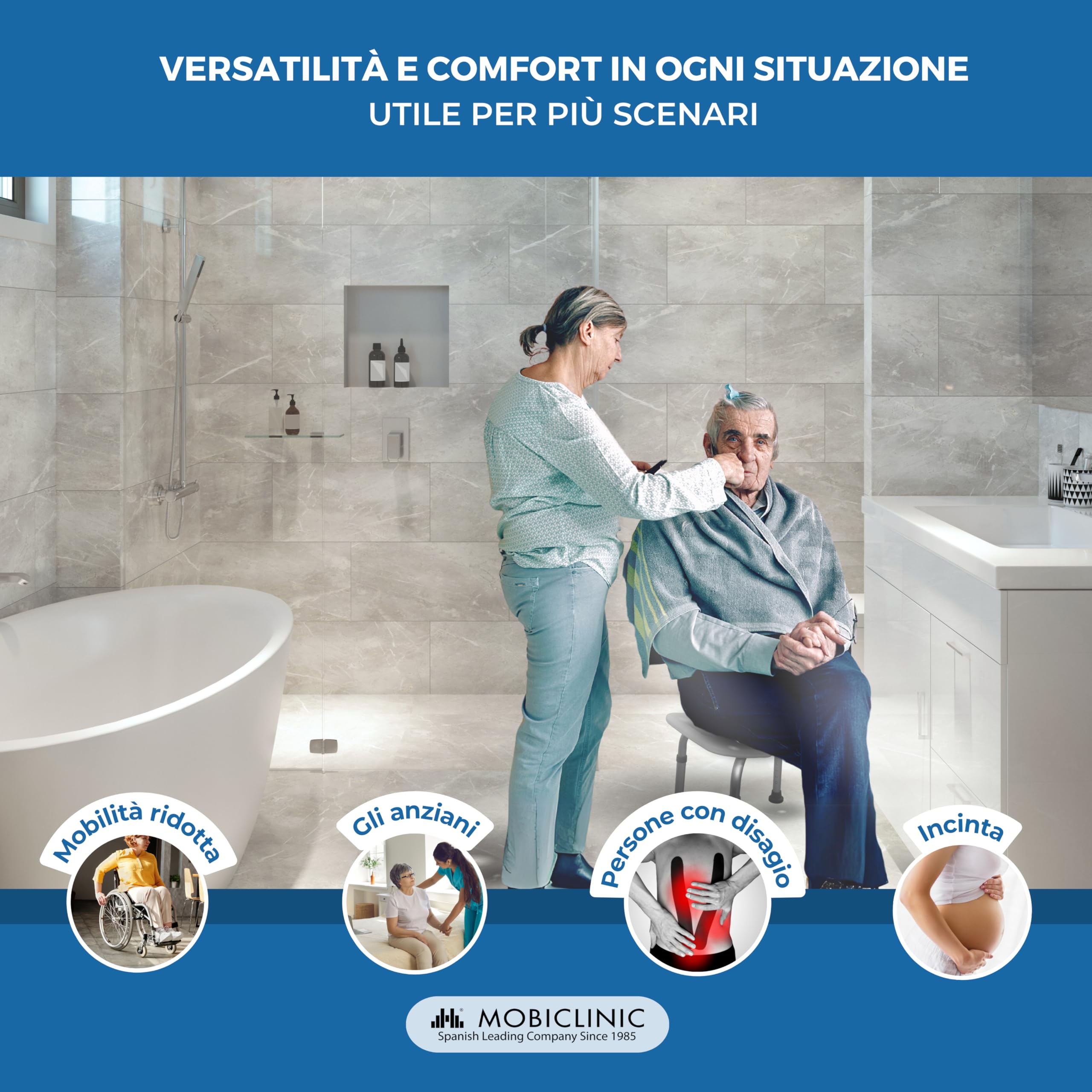 Mobiclinic®, Sedia da Doccia, Regolabile in 7 Altezze, Bahía, Sgabello Bagno, Seduta a U, Fino 100 kg, per Vasca, Piedini Antiscivolo, Alluminio