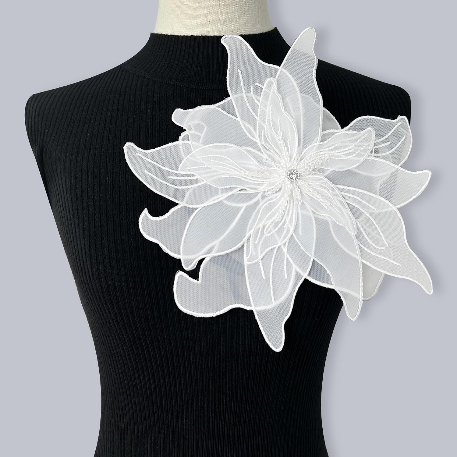 Black and White Multi-Layer Organza 3D Embroidery Decorative Patches/Bows/Lotus Flower Brooch Women's Decorative Patch with Anti Glare Collar lace (Black and White Flower Studded Corsage)