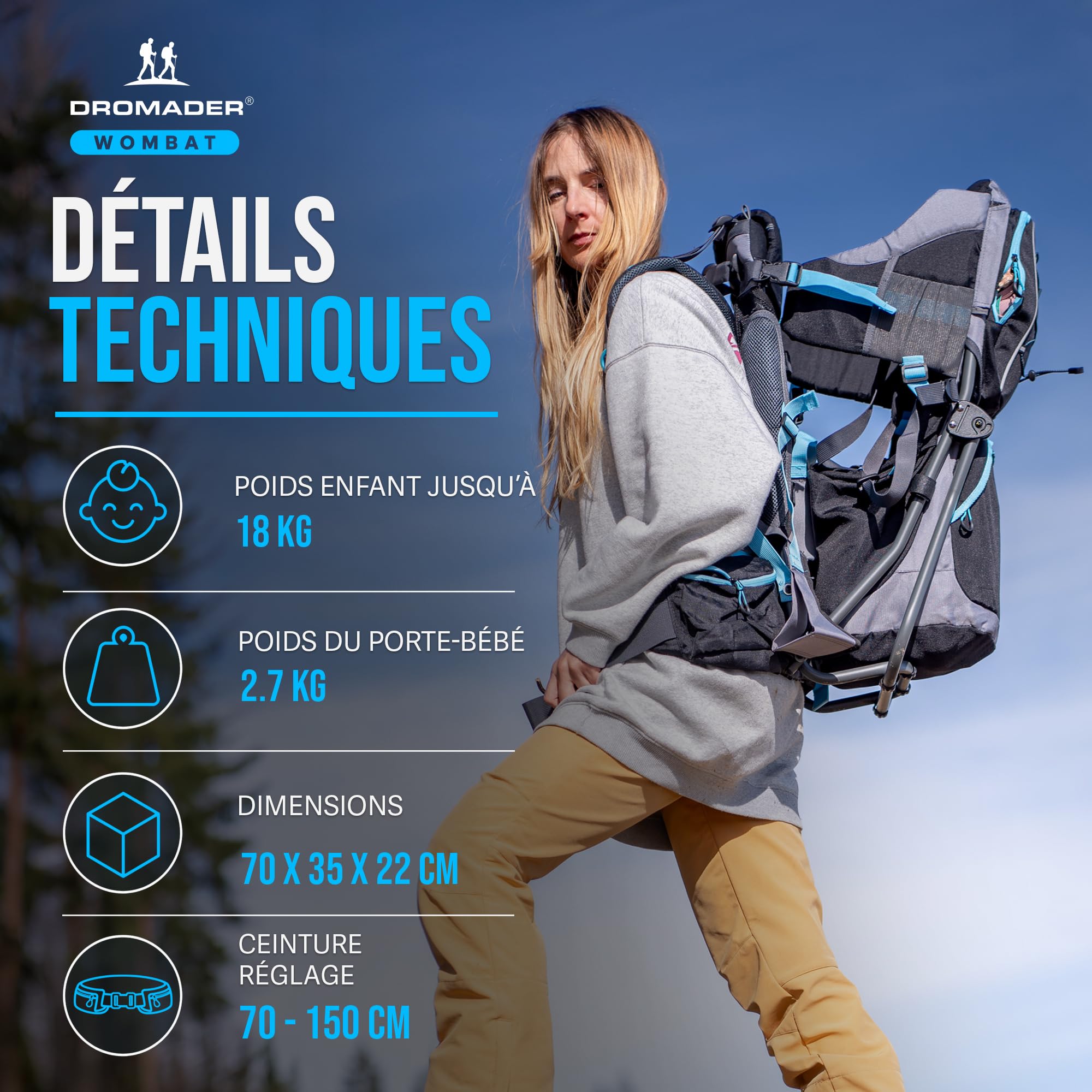 DROMADER Porte-Bébé Randonnée - Sac à Dos Porte Bébé Confortable Dorsal jusqu'à 22kg avec Pare-Soleil, Protection Pluie, Poche Isolante, Matelas à Langer - Cadre Pliable à Une Main - Noir et Bleu