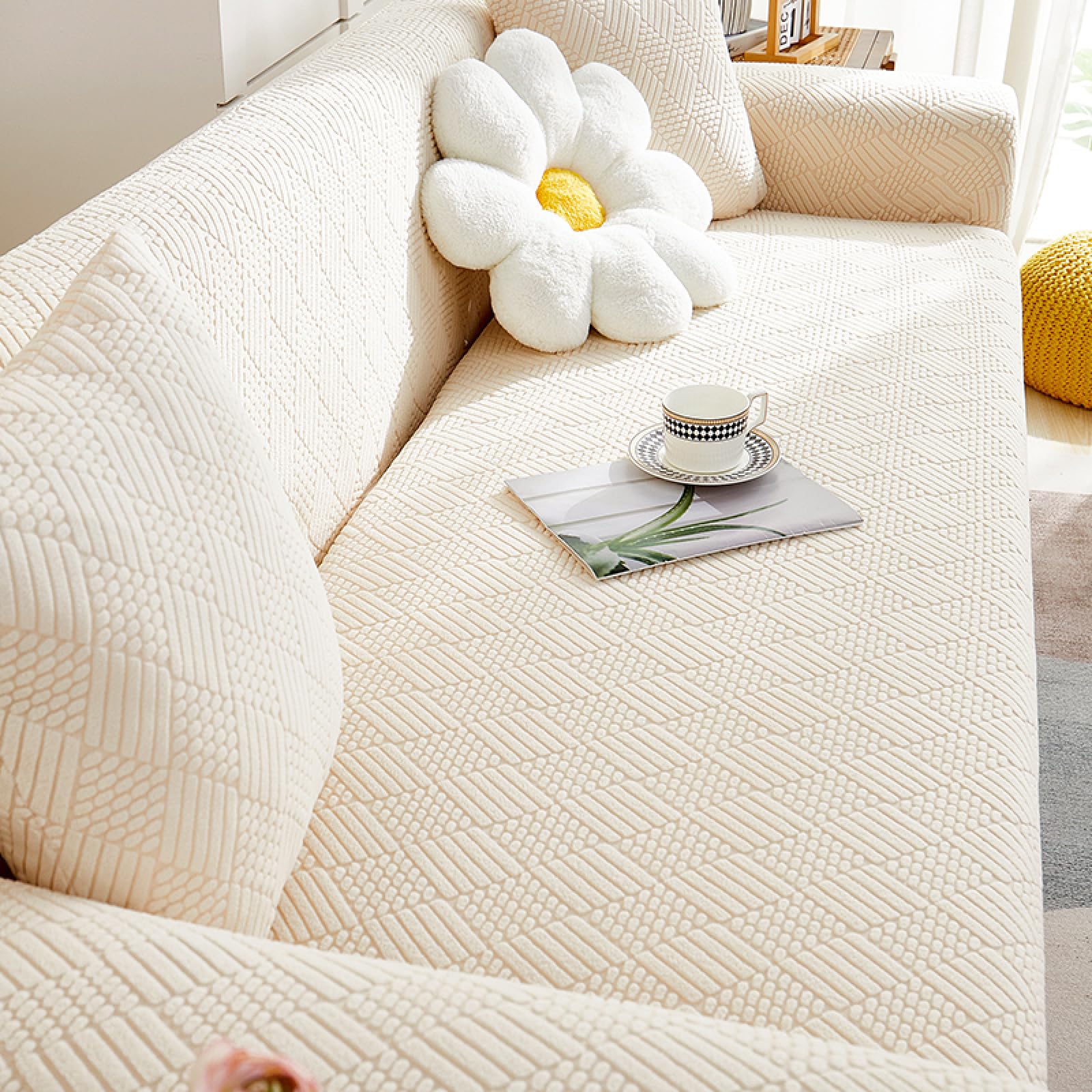 Stretch Sofa Slipcover, Universal Couch Cover Non Slip Soft Sofa Cover with Elastic Bottom, Dog Cat Pets Friendly Washable Furniture Protector for 3 Cushion Couch (XL(4 Seater 235-300cm), Beige2)