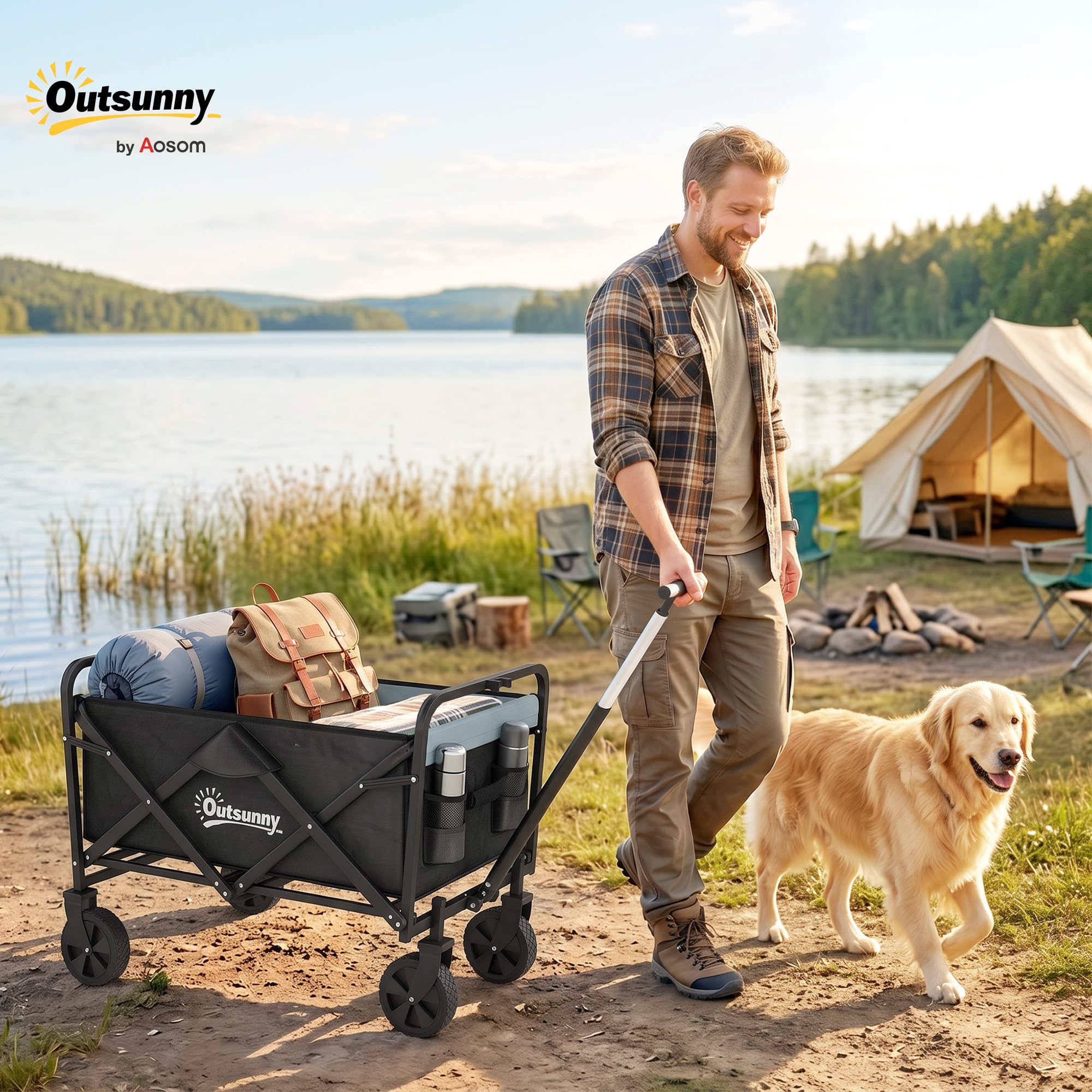 Outsunny Carro Plegable con Ruedas Grandes Carro Jardín Plegable Negro | 4 Ruedas, Longitud y Ángulo Mango Ajustables, Tela Oxford Resistente, Capacidad 70 L, Carga 80 kg, para Compra Campaña