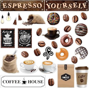 Teling 89 Pcs Industrial Cafe Bulletin Board Set Coffeehouse Themed Bulletin Board Industrial Cafe Classroom Decor Bulletin Board Themed Sets Coffee Classroom Decor for Classroom Home Classic Style