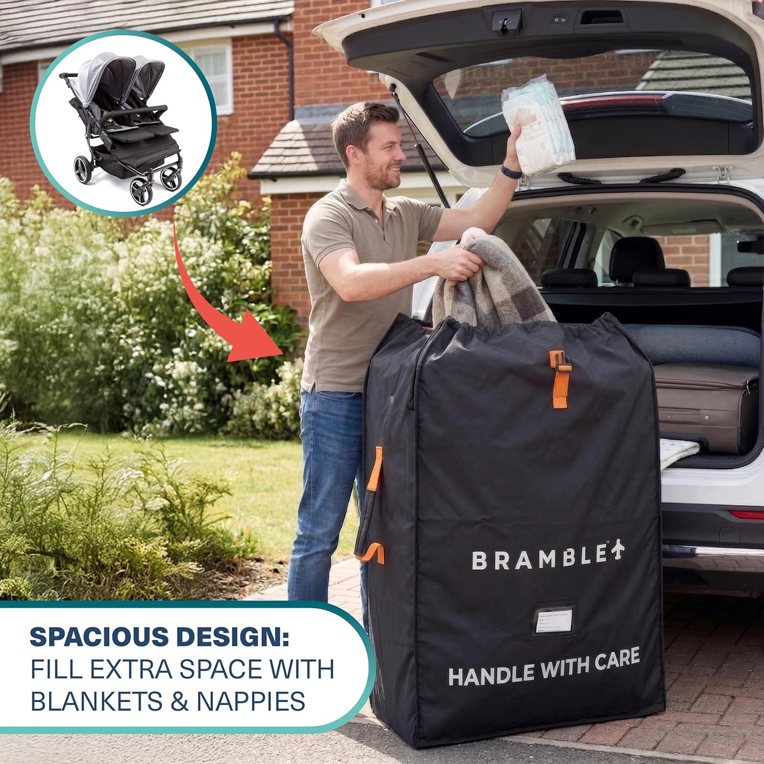 Bramble - Borsa da Trasporto Passeggino Gemellare XL per Aereo Gate Check - Nylon Balistico Idrorepellente con Spallacci Neoprene, Sacca & Finestra ID - 100 x 65 x 40 cm (Nero)