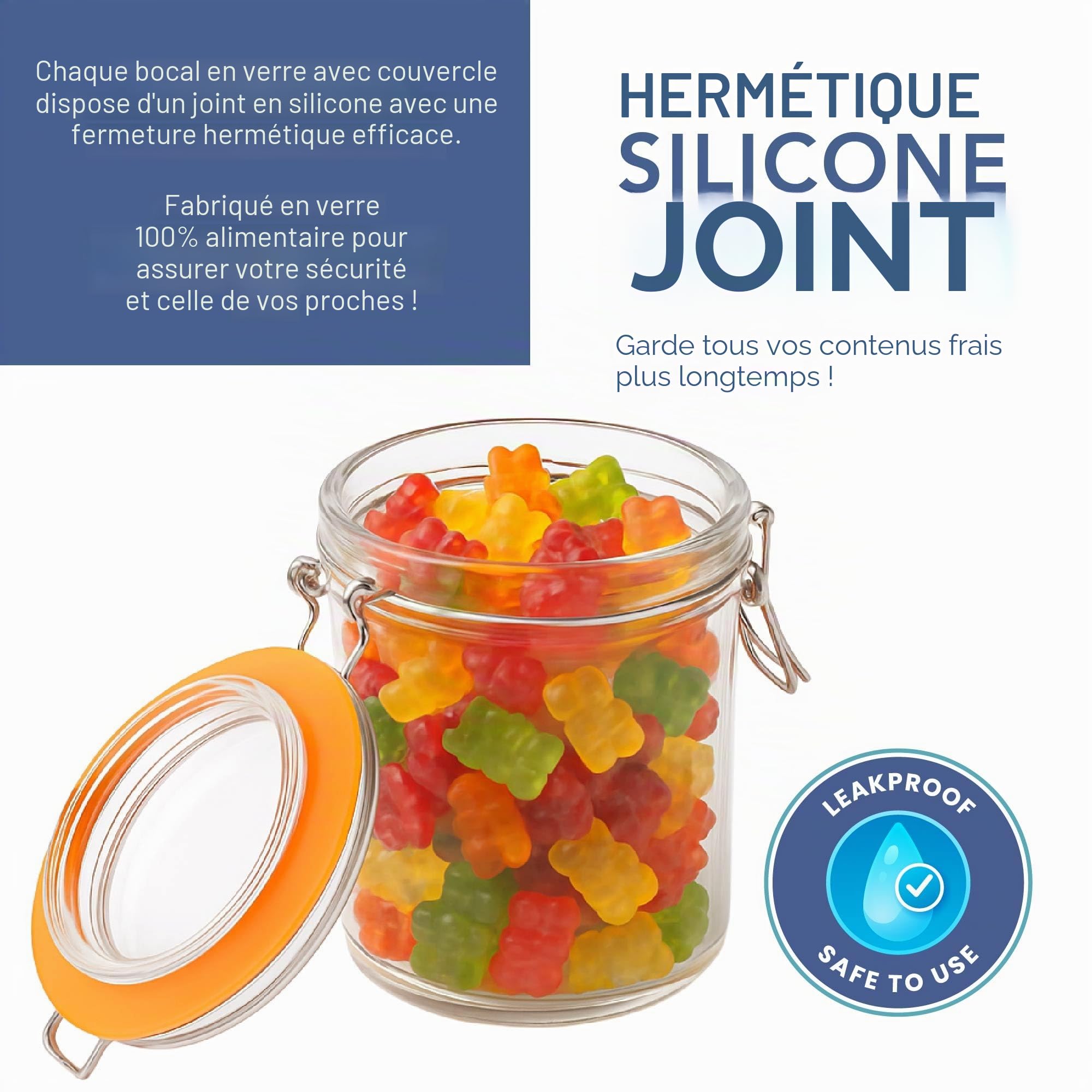 HEFTMAN Lot de 6 Bocaux en Verre Hermétiques avec Couvercles 250ml | Bocal Hermetique avec Joint en Silicone, pour Pâtes, Levain, Biscuits, Céréale, Confiture, Organisation de Cuisine