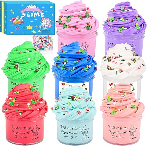 Paquete de 8 kits de slime de mantequilla, lindos juguetes y calcomanías, súper suaves y antiadherentes, recuerdos de fiesta y juguete para aliviar