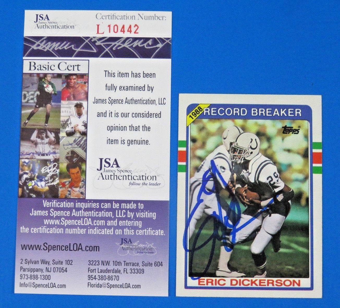 Eric Dickerson Signed Football Card 1989 Topps Record Breaker 3 L10442 JSA Certified
