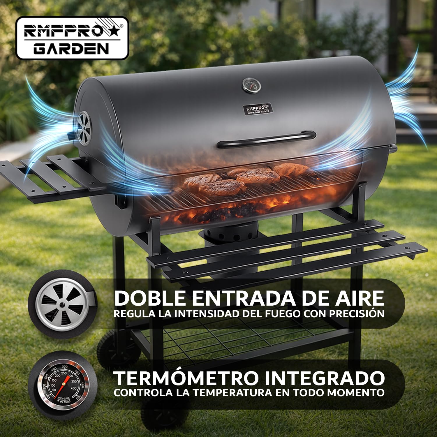 RMF Barbacoa de Carbón con Parrilla XL con Termómetro Integrado - Kit de Accesorios y Funda incluidos, Carrito de Acero Resistente con Ruedas, Estantes Laterales Plegables, Cenicero Extraíble