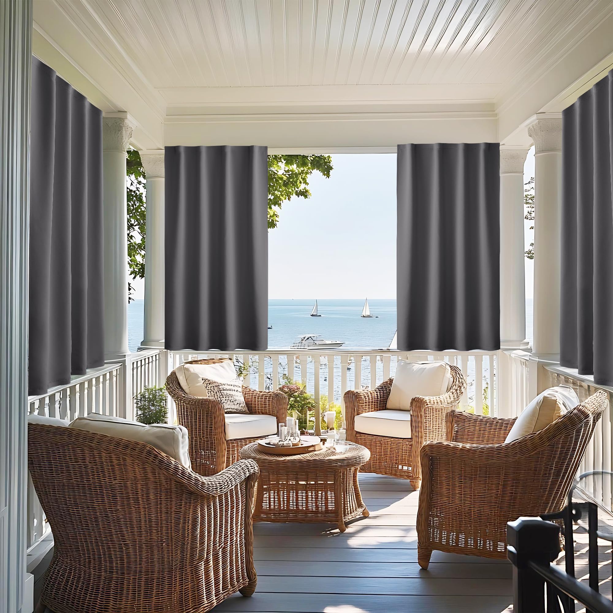 NICETOWN Fade Resistant Outdoor Curtains for Patio Waterproof, Peel/Stick Top & Back Tab Bottom with Free Rope for Wind Resistance, Sun Shades for