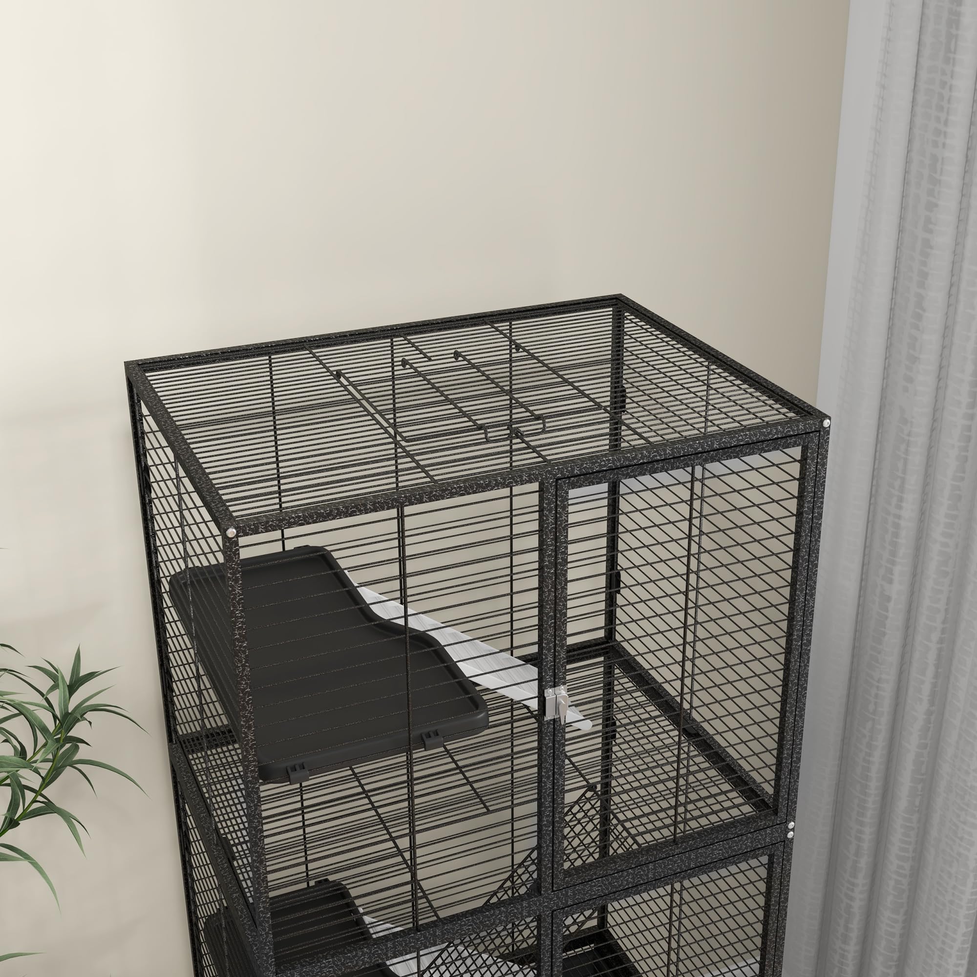 PawHut Jaula para hurón rodante para animales pequeños, jaula para mascotas de 4 niveles, 136 cm de altura para chinchillas, ardillas con 3 puertas, estante de almacenamiento, bandeja, cuenco, botella