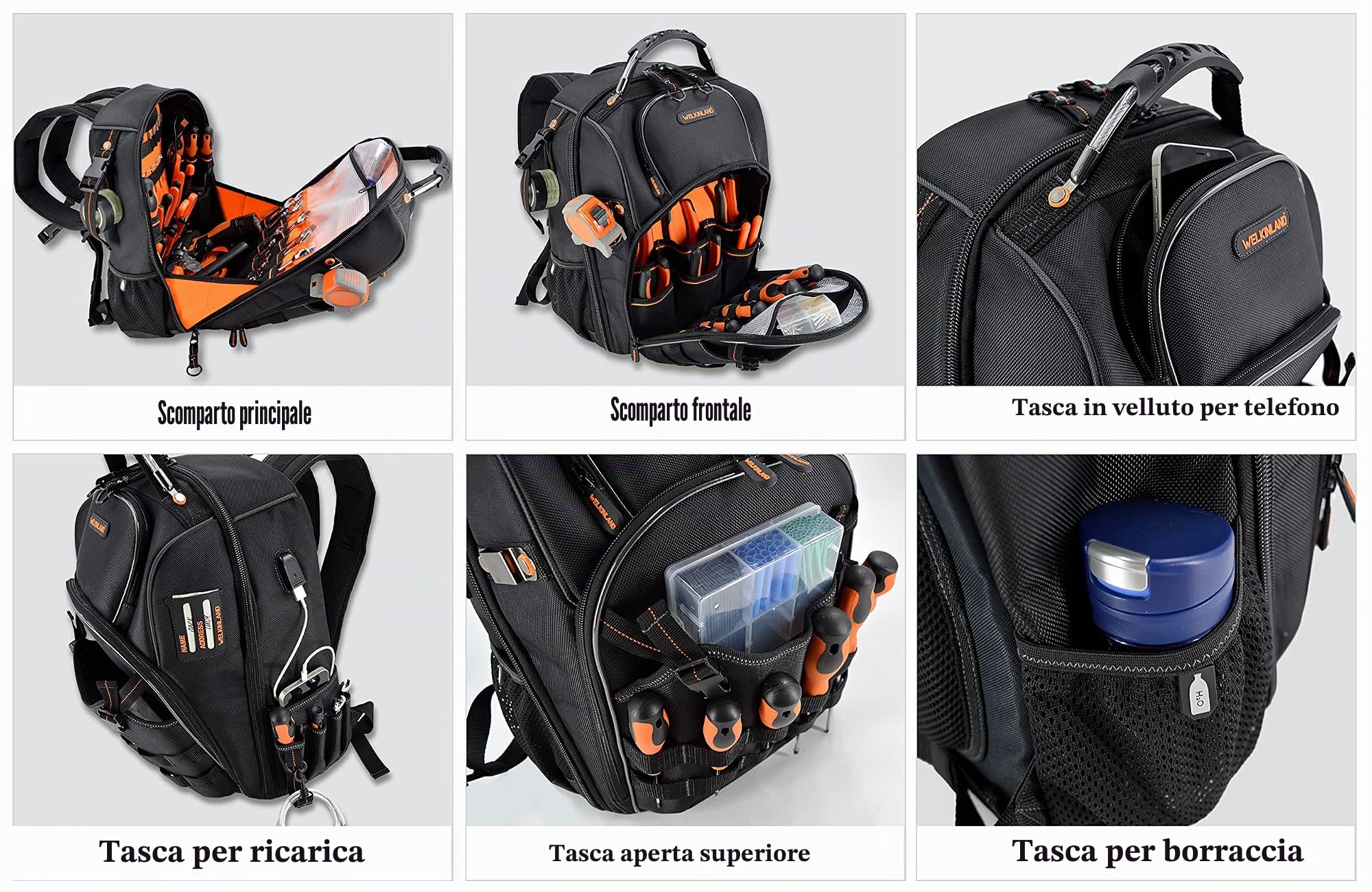 WELKINLAND Zaino Professionale per Elettricisti con 66 Tasche, Resistente da Cantiere per Attrezzi