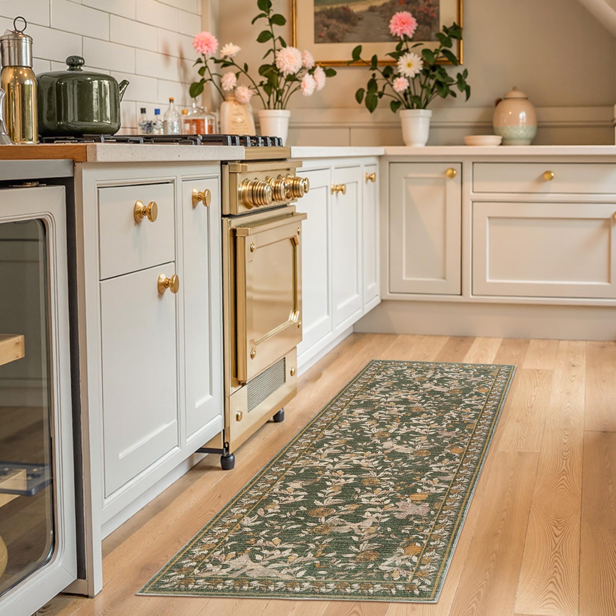 jinchan Eden Floral Washable Runner Rug 2x5 Vintage Hallway Rug Non-Slip Lightweight Soft Thin Kitchen Low Pile Distressed Orange Green Carpet for