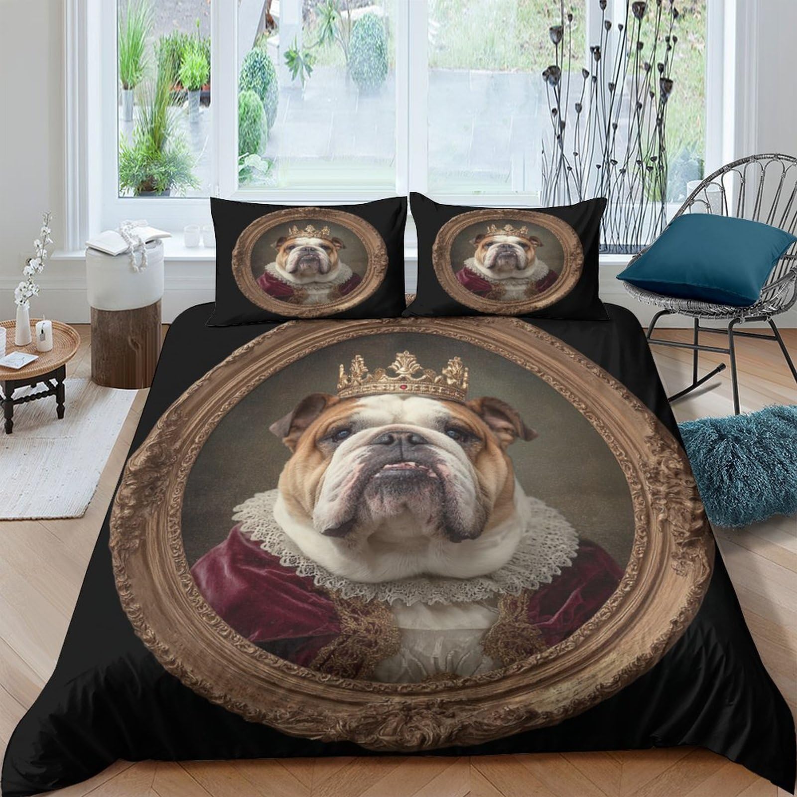 Ctjqhvkz Style-2 3D Printed Crowned Bulldog Fitted Sheet Microfiber Soft Black Royal Portrait Bed Cover For Bedroom Guest Room Decor Single（135X200cm）
