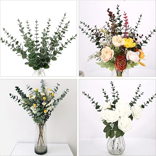 Miniatura 7 de EZFLOWERY 12 piezas de hojas de eucalipto artificiales de tacto real, hojas verdes para arreglos de boda, ramo, oficina, fiesta, centros de mesa,