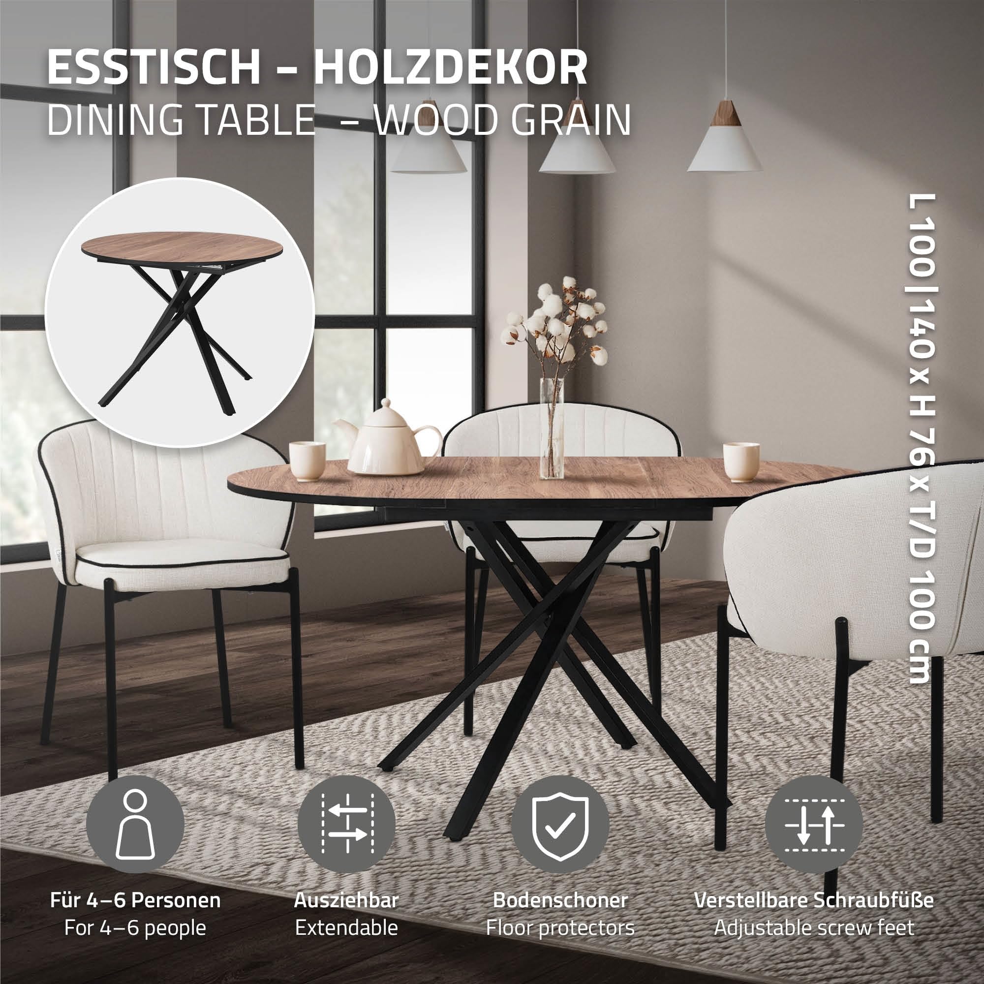 ML-Design Rozkladany Okragly Stól do Jadalni, Brazowy Dekor Drewna 100-140 x 76 x 100 cm, Stól Kuchenny dla 4-6 Osób z Metalowa Podstawa X, Nowoczesny Stól do Salonu, Kuchni, Jadalni, Loftu i Domu