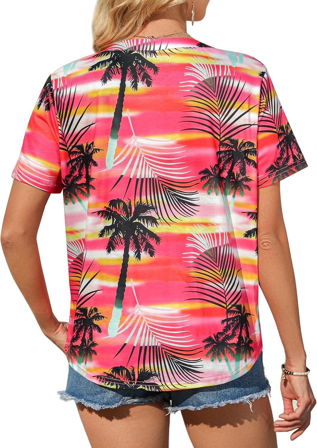 Womens Hawaiian Shirts V Neck Short Sleeve Button Floral Printed T-Shirt Summer Casual Pleated Trendy Blouses Tops - Image 7