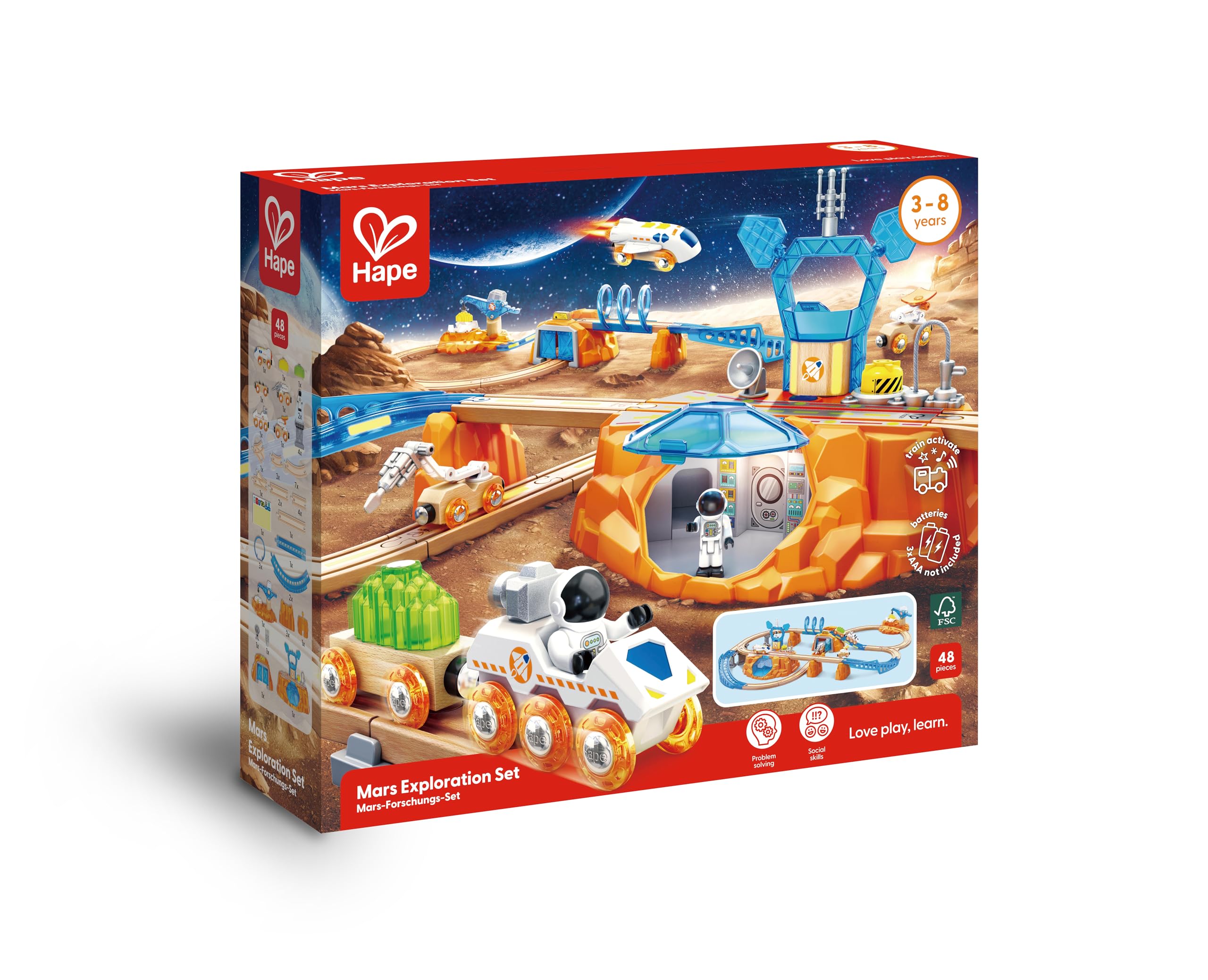 Hape Set di treni - Esplorazione di Marte, set ferroviario in legno, per bambini dai 3 anni in su