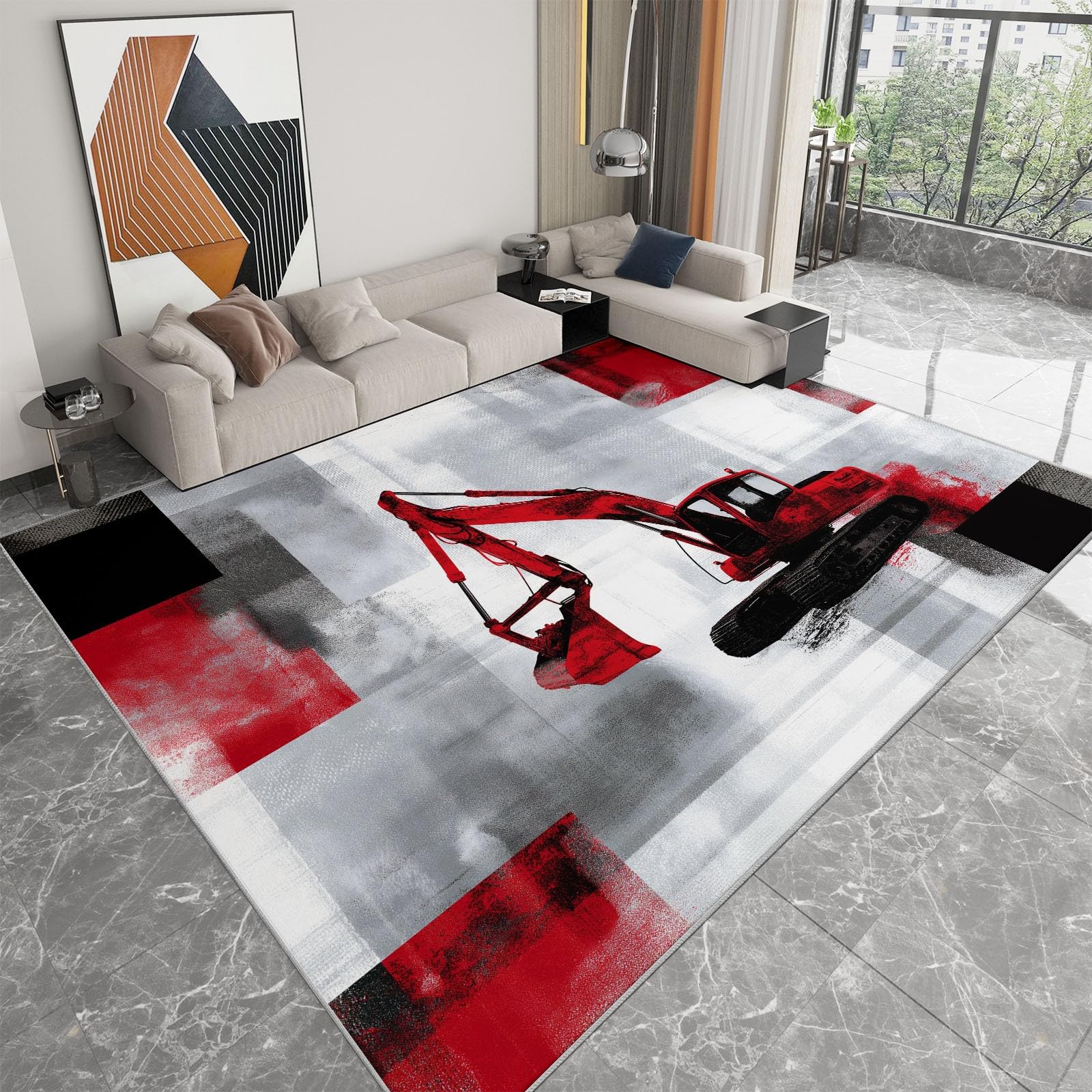 Generico Tappeto Salotto 80 x 150cm Morbido Tappeto Scendiletto Camera da Letto Veicoli da costruzione stile industriale Tappeti Lavabili per Salotto Cameretta Bambino Ufficio Ingresso