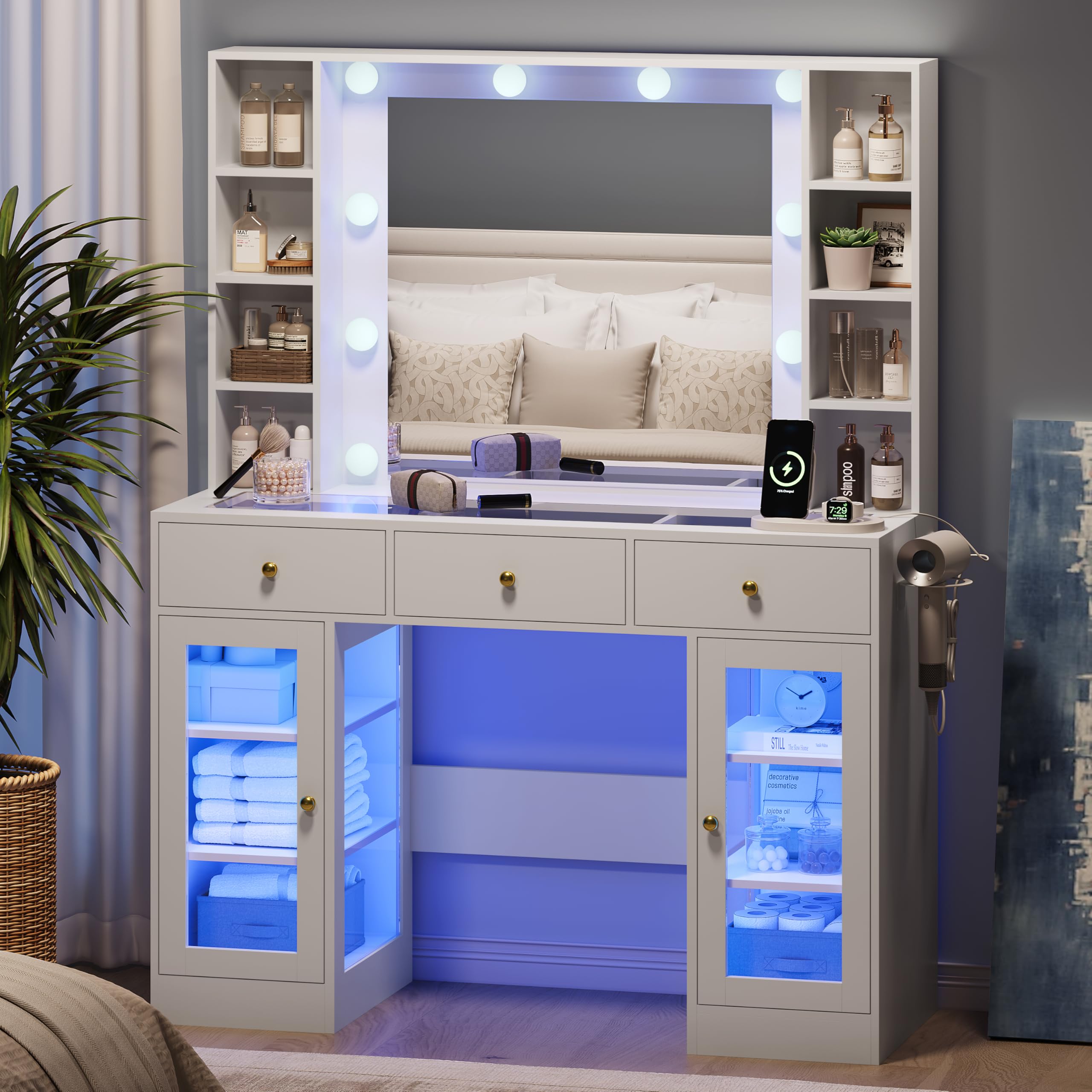 Makeup Vanity Desk with Mirror and Lights, Glass Top Vanity Table Set with Drawers & Power Outlet, Large Dressing Table with 3 Color Lighting Modes & RGB Cabinets for Women Girls Kids Bedroom, White