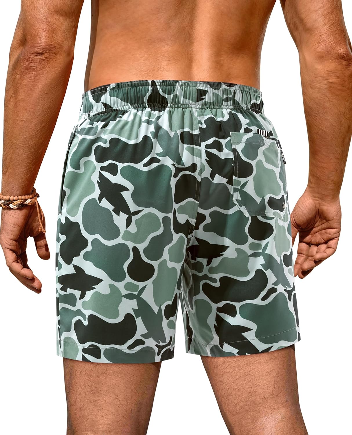 Mens Swim Trunks with Compression Liner 7 Inch Mens Bathing Suit Quick Dry Pockets Stretch Drawstring Shark Printed 2in1 - Image 2