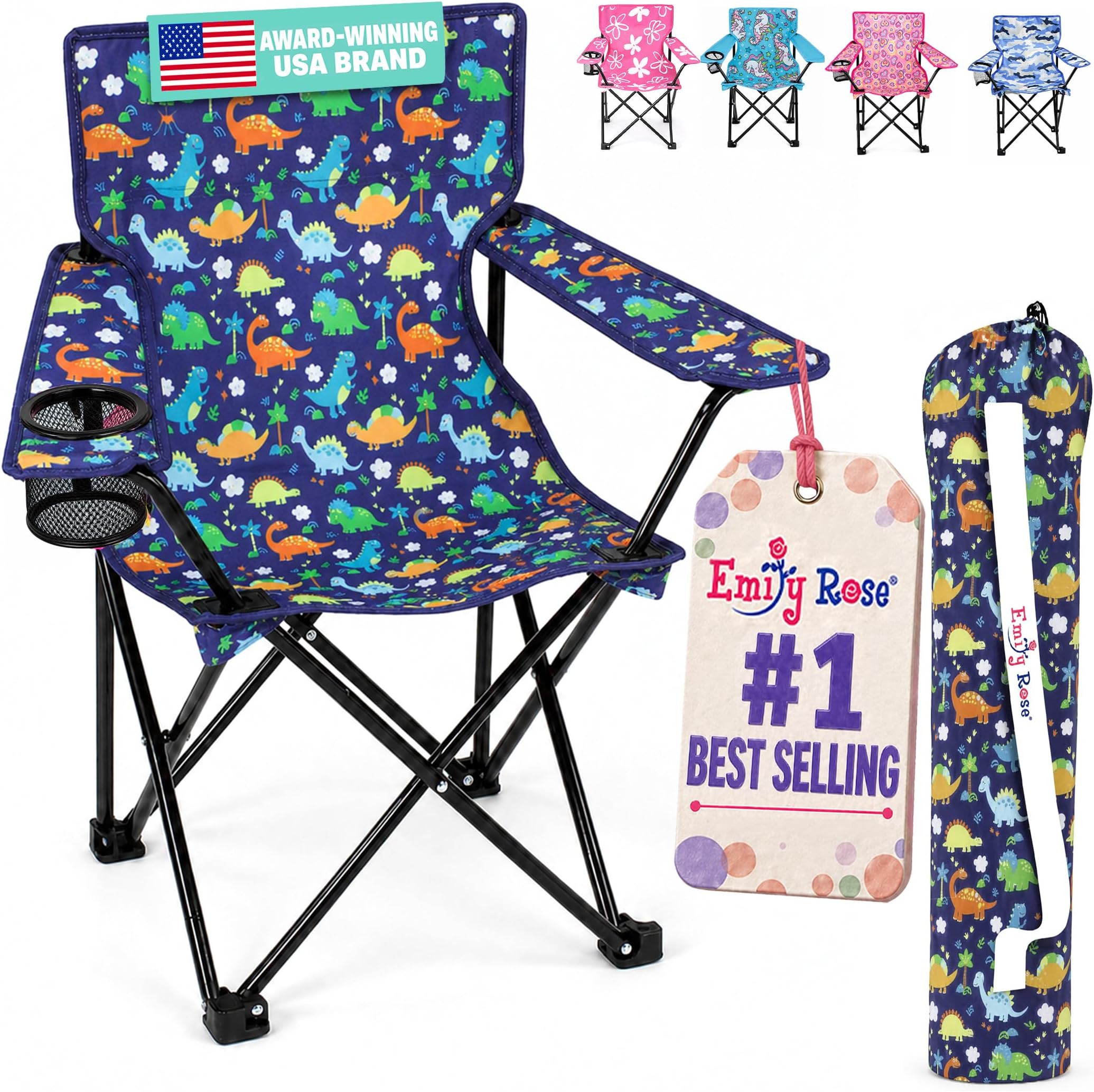 Emily Rose Kids Playful Dinosaurs Folding Beach Camp Chair Ages 2-7 - Toddler Travel Chair with Safety Lock Cup Holder & Carry Case - Boys Girls Outdoor Indoor Lightweight 125lb Capacity