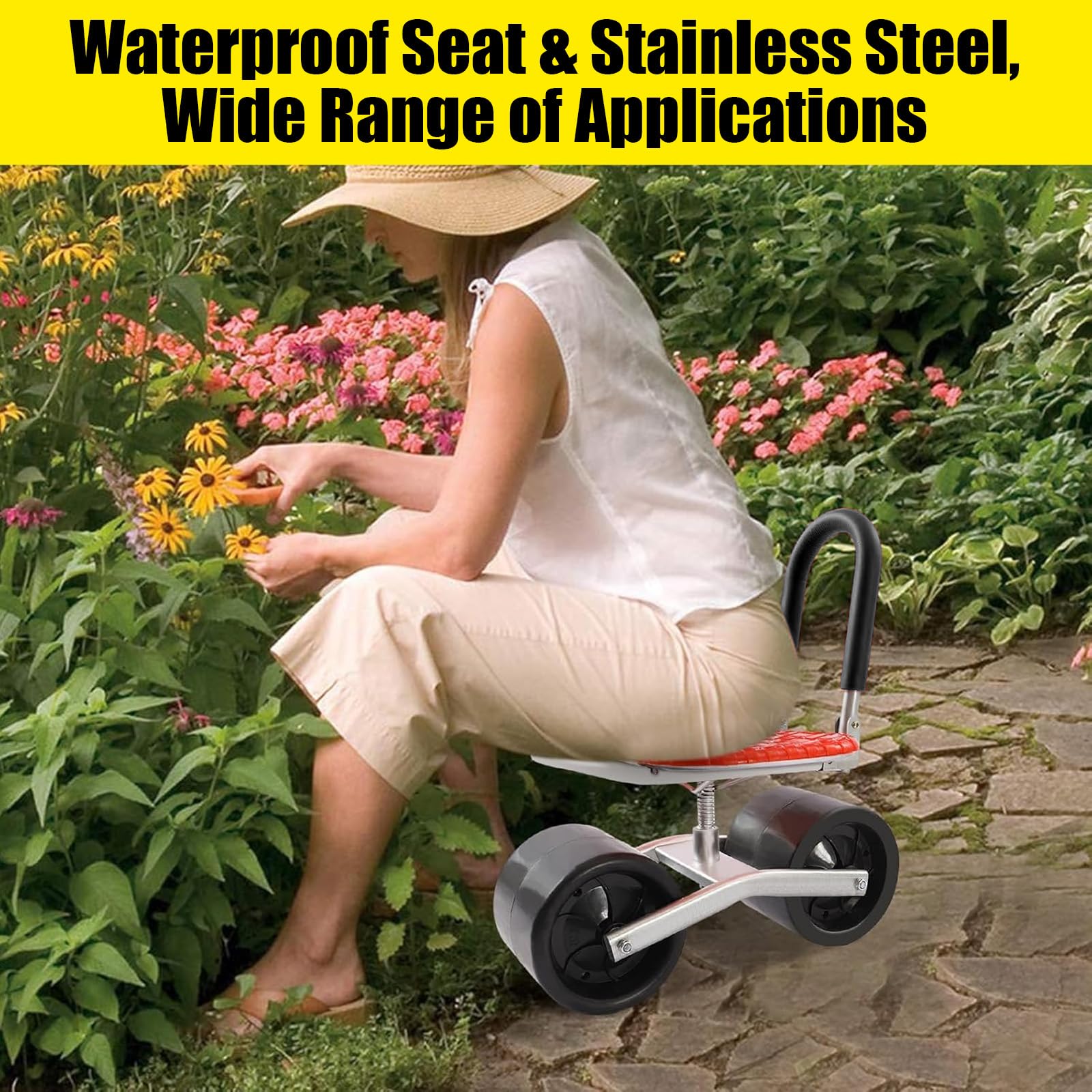 Taburete de jardín con ruedas, asiento con ruedas para carrito de jardín móvil hasta 130 kg, asiento giratorio de 360 grados, neumáticos de goma anchos para jardinería, carro de taller, carrito