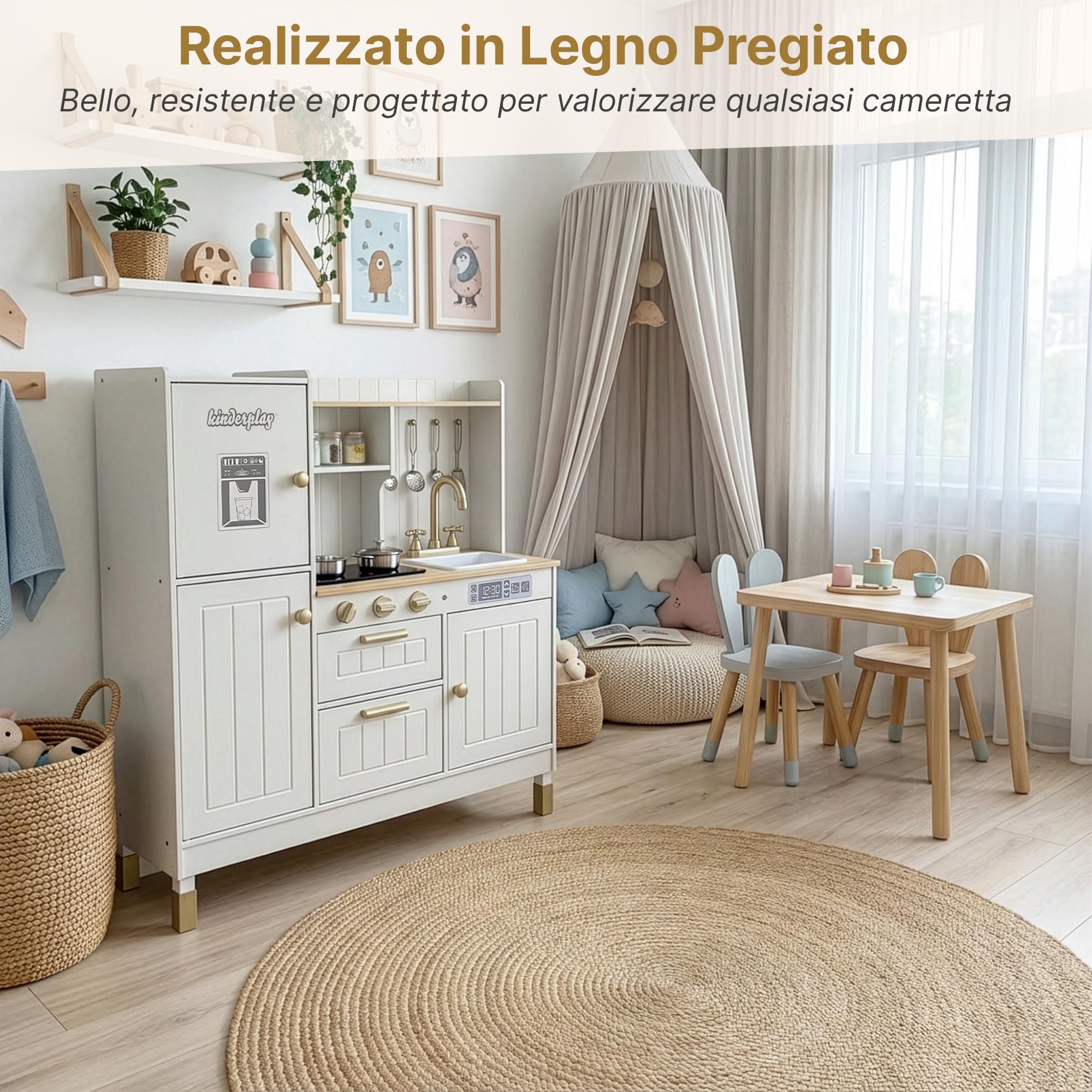Kinderplay Grande Cucina per bambini in legno con luce e suono, con accessori, lavello, fornello e forno, per giochi di ruolo realistici