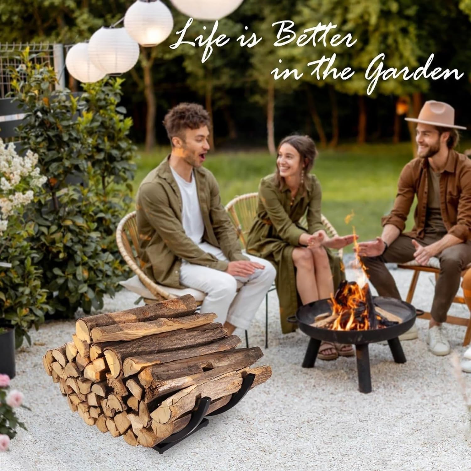 Firewood Rack On Wheels, Rolling Cart Log Holder, with 4 Hooks & Removable Kindling Rack, Movable Fire Wood Storage Stacker Stand, for Outdoor Indoor Fireplace