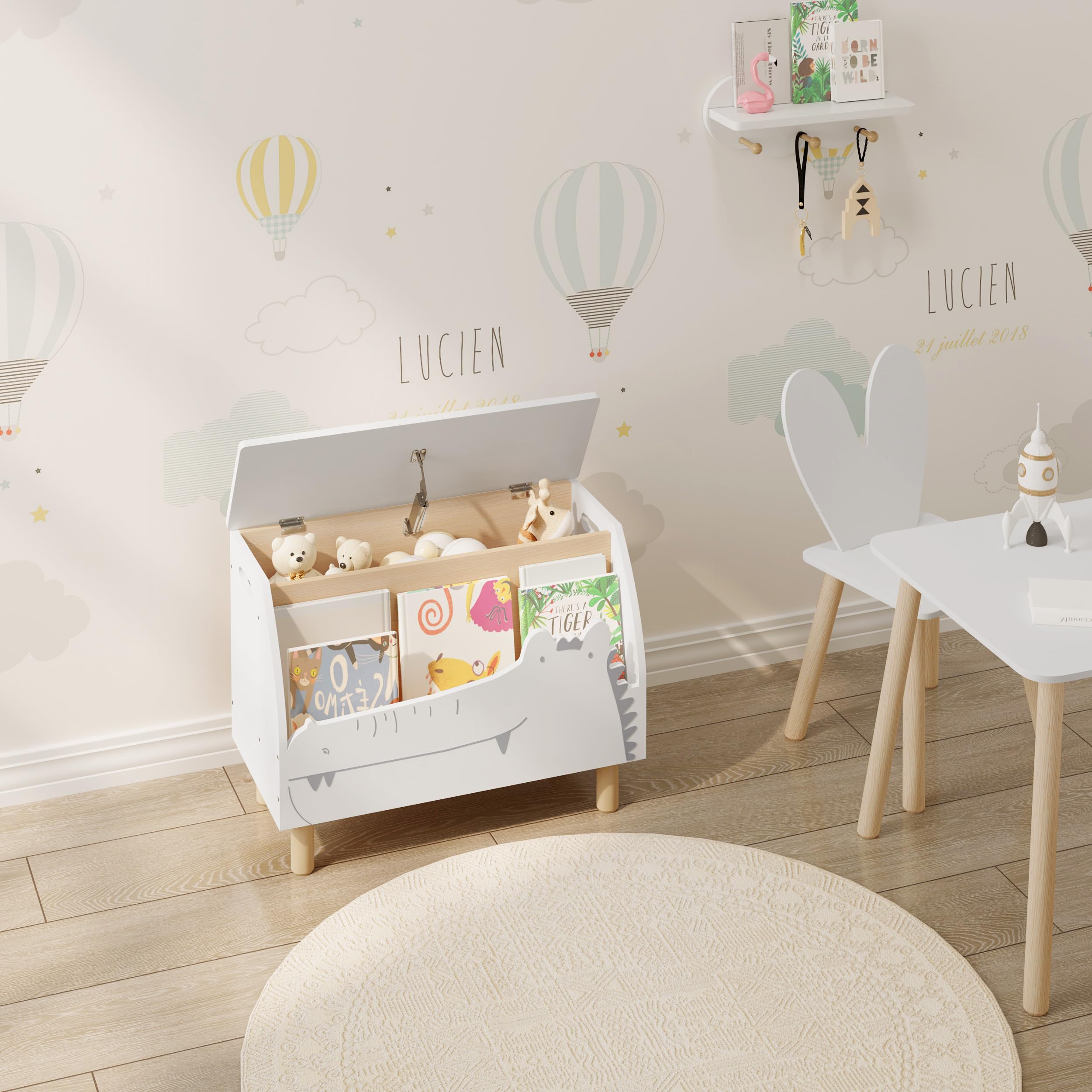 WOLTU Panca Contenitore per Bambini, Contenitore Porta Giocattoli in Legno a Coccodrillo, Cassapanca con Scomparto Chiuso e Aperto, Bianco, 49,5x30x44,5cm