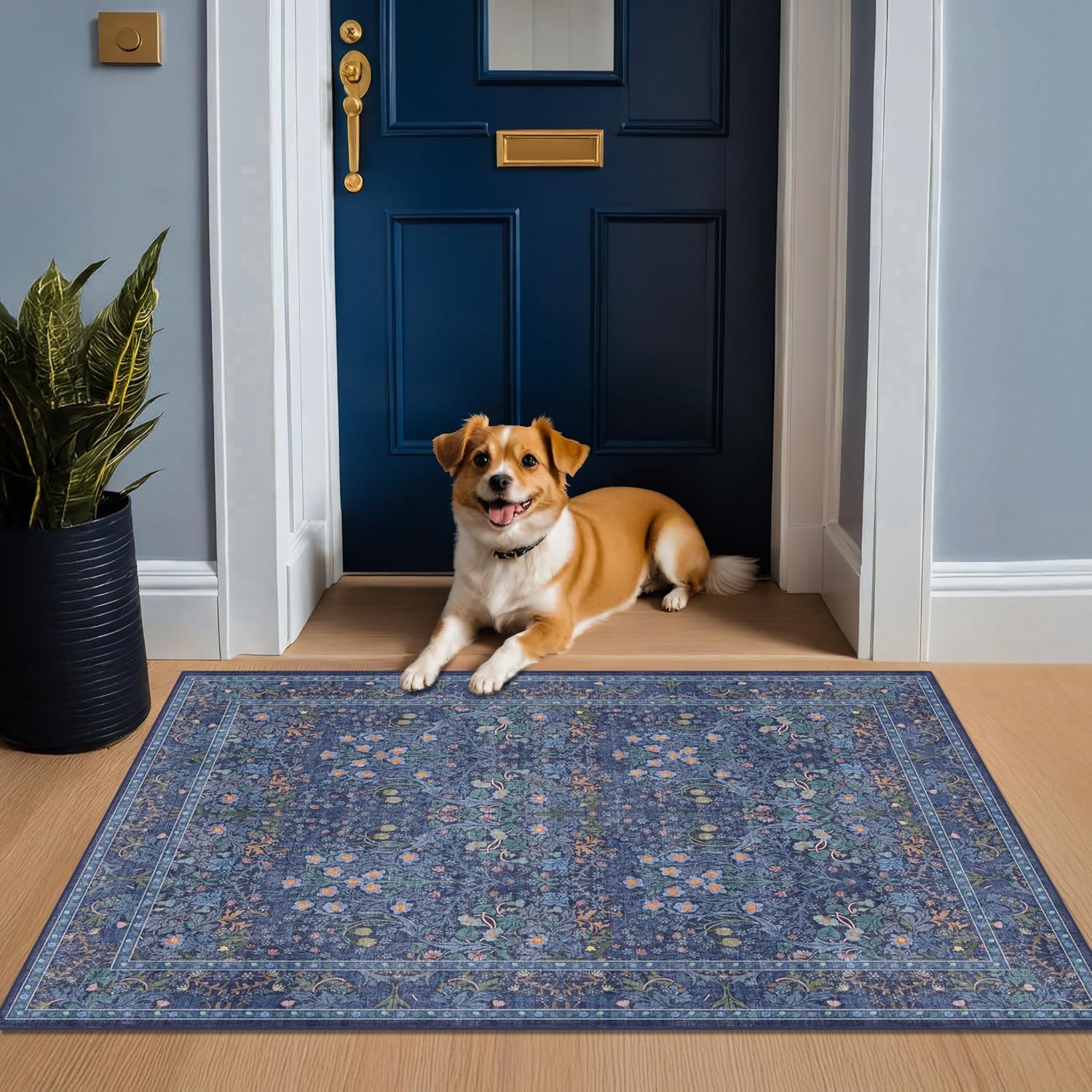 Vintage Dark Blue 3x5 Area Rugs for Entryway, Bedroom Beside Rug, Kitchen, Laundry Room, Non-Slip Low Pile Ultra Soft Stain Resistant Small Floral Carpet - Boho Plant Dusky Navy Decor Dark Blue 3' x 5' (Rectangular)