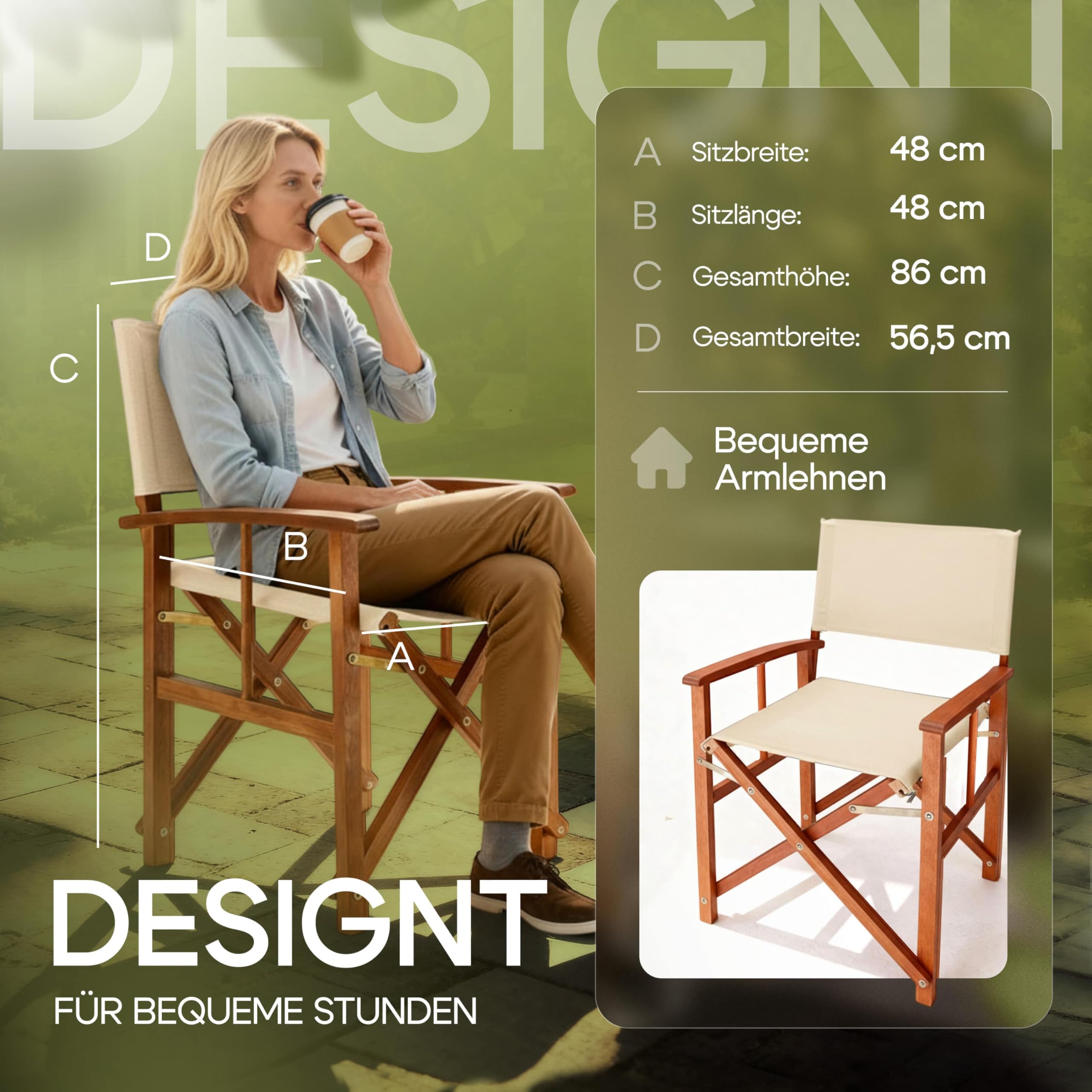 CASARIA® Silla de Director Plegable Set de 2 Madera de Eucalipto Certificación FSC® con Reposabrazos Carga hasta 160 kg Funda Lavable Altura Asiento 46 cm Exterior Jardín Balcón Camping