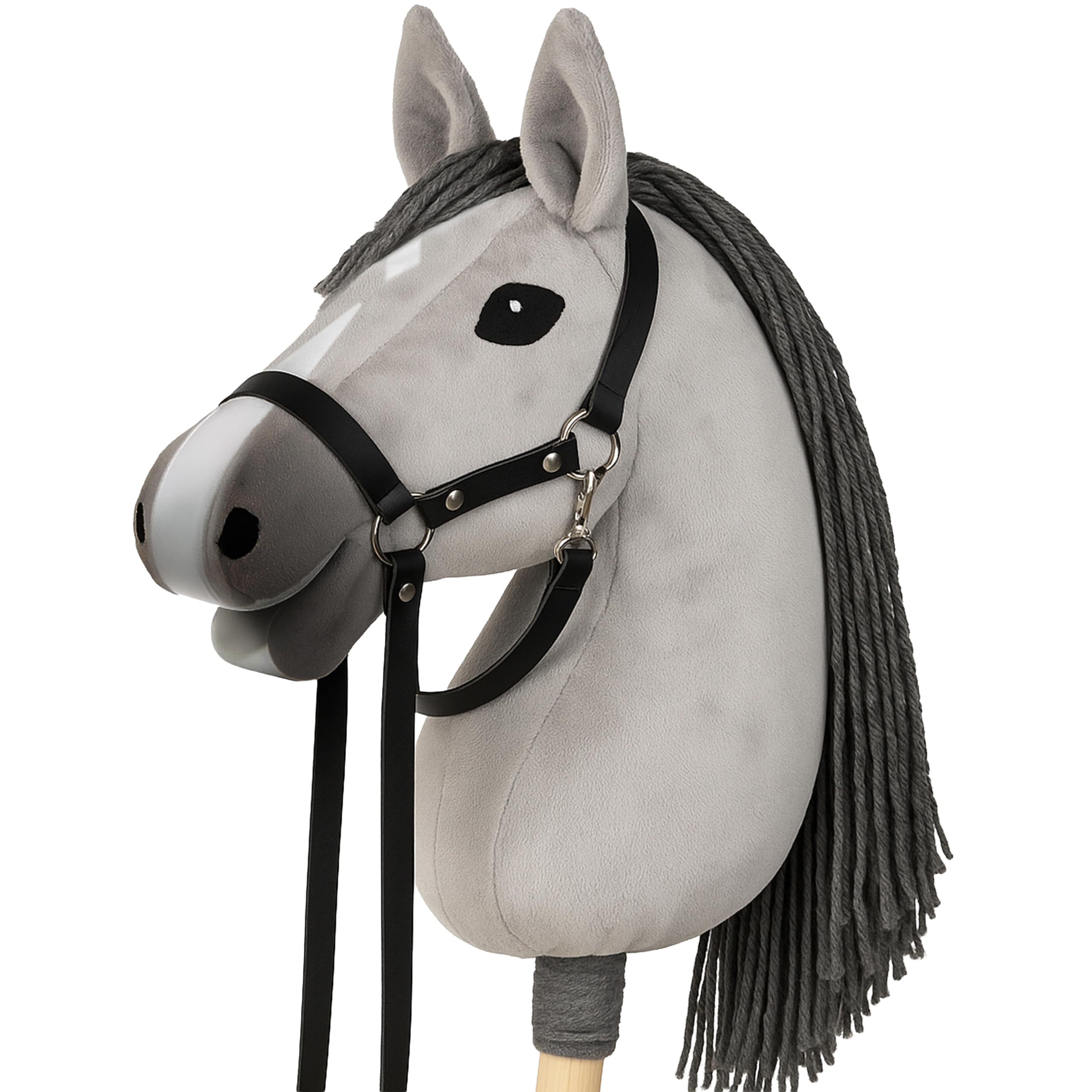 CELMAN Hobby Horse Caballo de Palo Gris con Brida y Riendas – Cabeza Tamaño A3 – Juguete Realista de Peluche con Palo de Madera – Diversión y Equitación para Niños