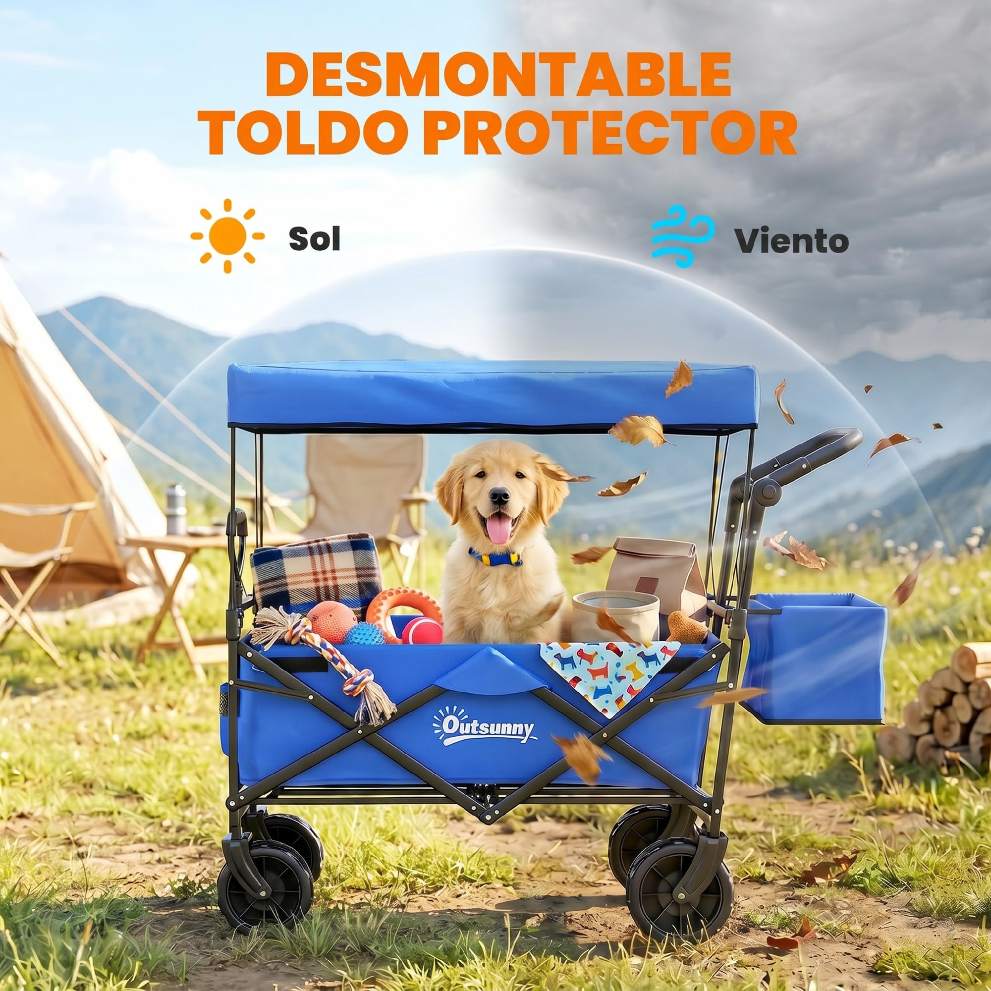 Outsunny Carro Transporte Plegable Ruedas Universales 117x55x98 cm Azul | Carro de Mano Plegable, Toldo, Manillar Regulable en Altura, Carga Máx. 68 kg, Carro Playa Plegable, Jardín Camping