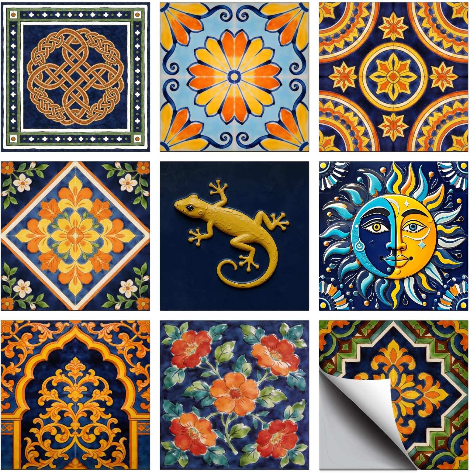 72 Pcs 9 Style Spanish Motifs Style Peel and Stick Wall Tile Sticker Retro Pattern Wall Stickers Waterproof Self Adhesive Stick on Tile Decals for Kitchen Bathroom Art Decor, 4×4 Inch