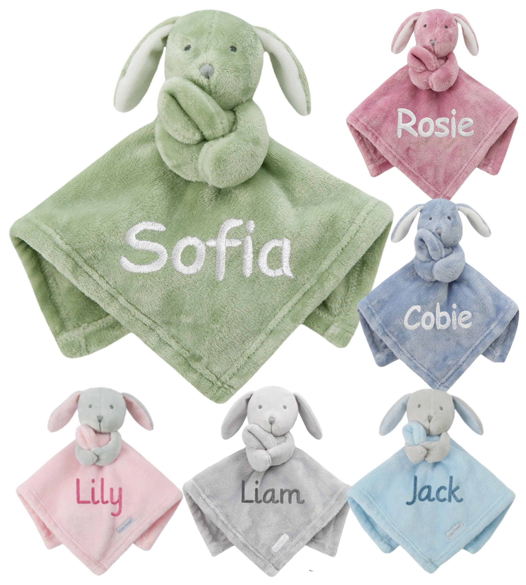Gembroidery Personalised Baby Comforter Soft Toy Security Blanket Newborn Shower Gift Novelty Snuggly Keepsake Blankie Boy Girl (Sage Green Bunny)