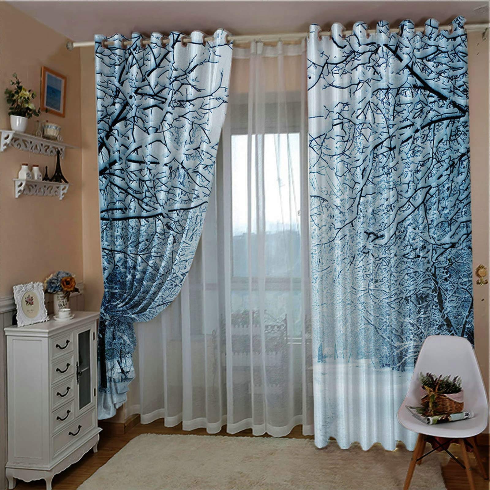 Aeici Zasłony okienne do sypialni zasłony zaciemniające 2 panele, śnieżne drzewo białe niebieskie szare zasłony do sypialni zestaw 274 x 137 cm