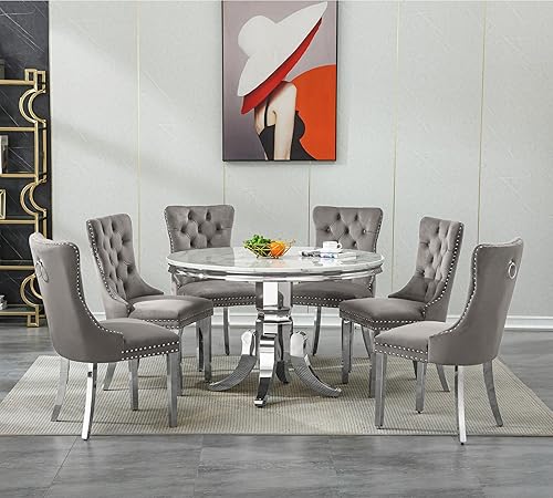 Miniatura 2 de Juego de 6 mesas de comedor redondas de mármol para 6, mesa de cocina y sillas redondas de mármol de 45 pulgadas, juego de 6, mesa de comedor