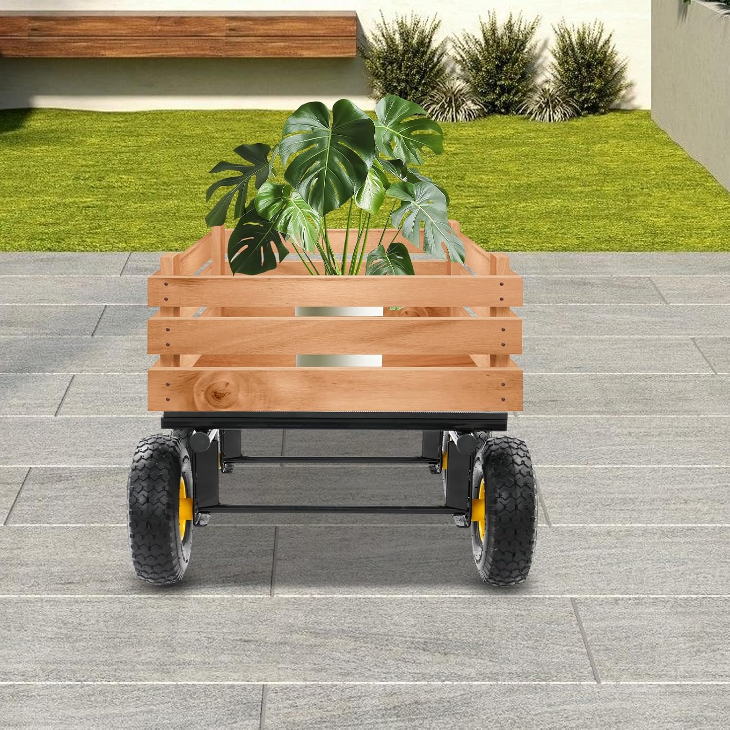 Steel Garden Cart, 1200 lbs Dump Wagon with Six Large 10" All Terrain Inflatable Wheels Heavy Duty Utility Outdoor Hauling Wheelbarrow, Garden Wagon Dolly for Yard Lawn Farms Gardening, Black