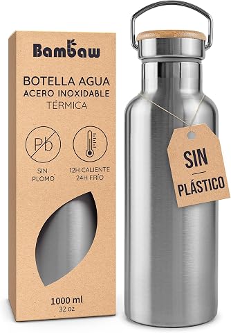 Bambaw Botella Acero Inoxidable 1 Litro, Botella Termica 1 Litro Mantiene Bebidas Frías 24h y Calientes 12h, Garrafa de Agua Termica 1l Metálica, Garrafa Isotermica con Asa (Acero Nature)