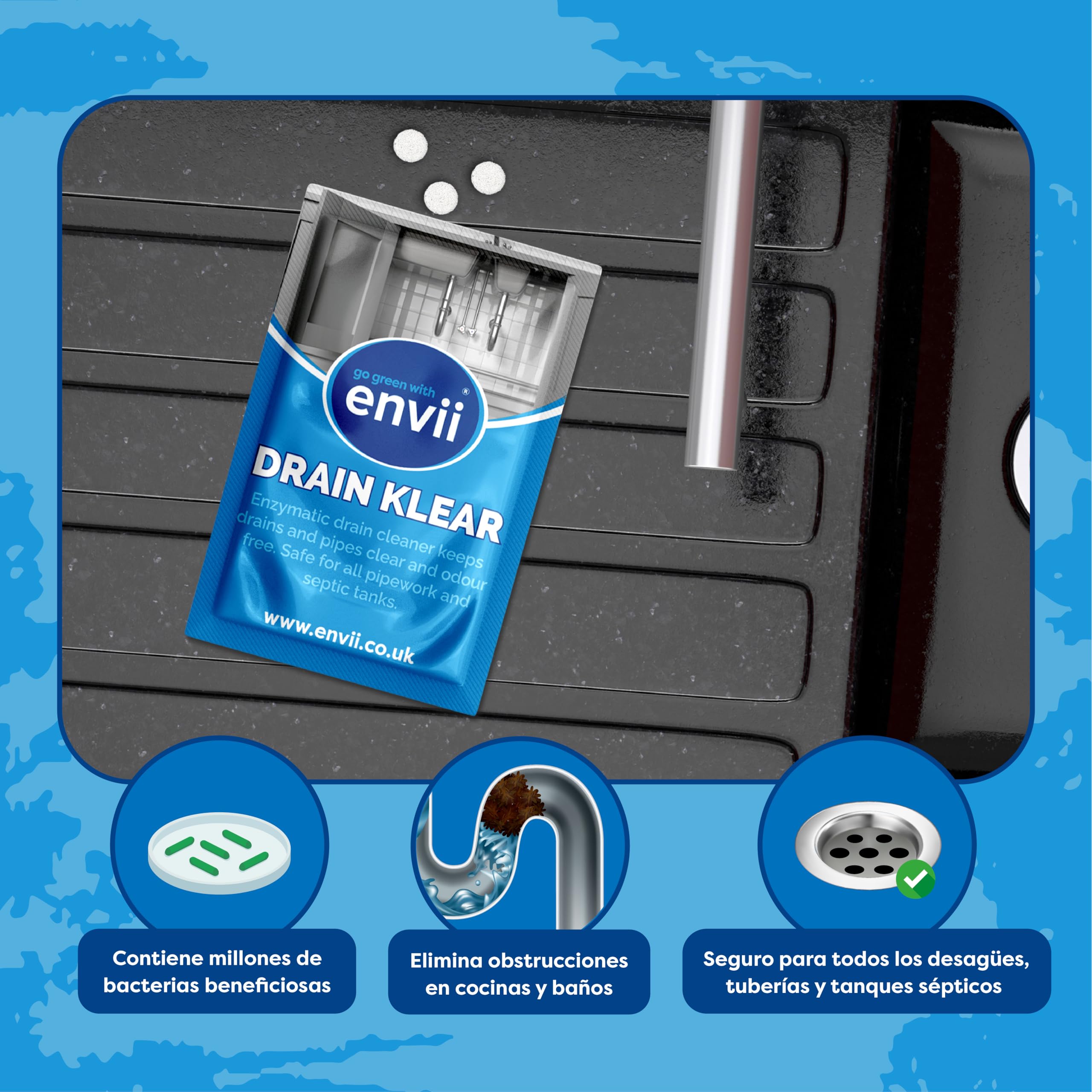 envii Drain Klear - Limpiador de desagües enzimático natural, desatascador fuerte de fregadero de cocina para tuberías, elimina el olor y limpia los desagües obstruidos, seguro para tanques sépticos