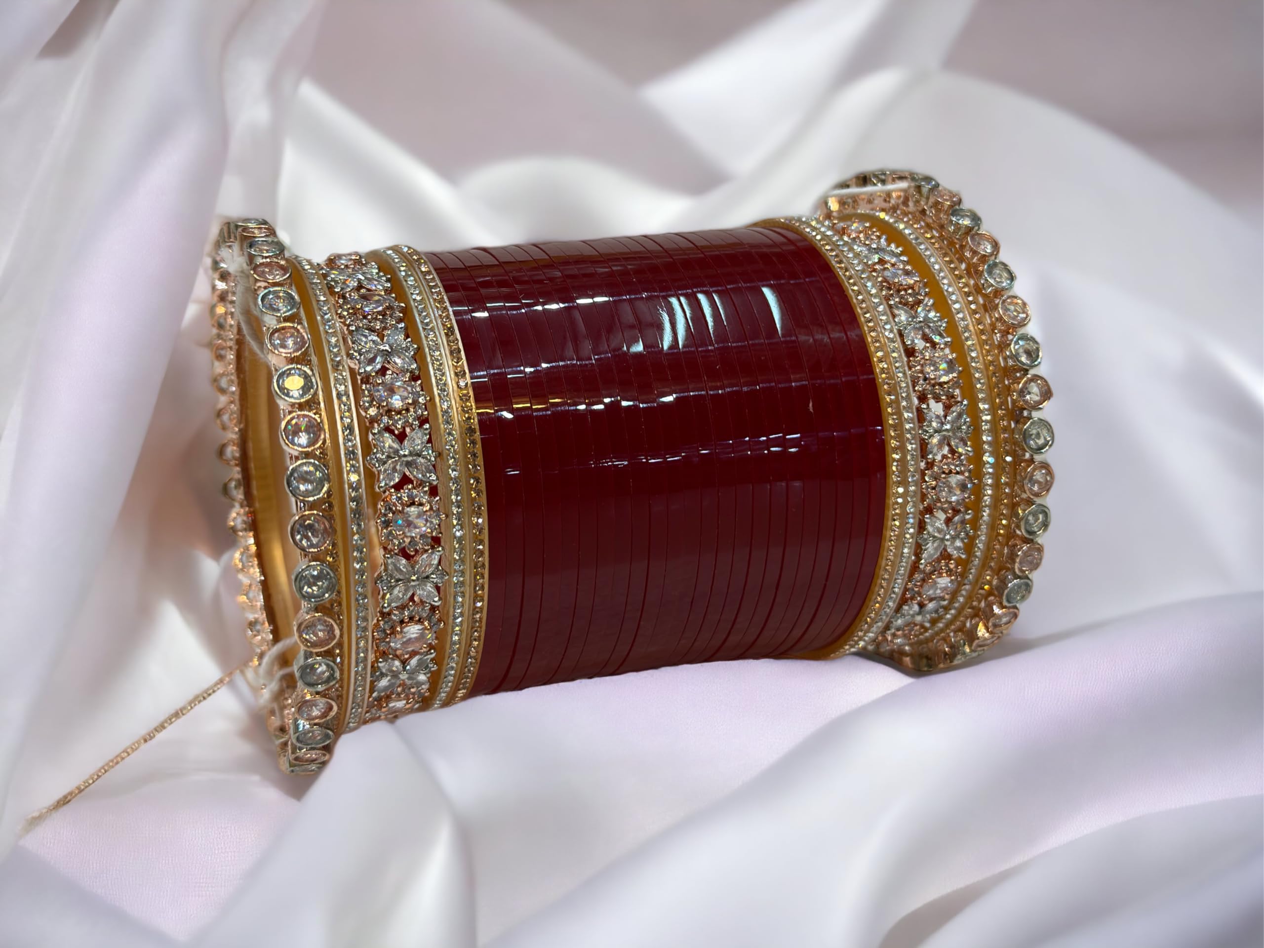 Women's Rose Royal Bridal AD Chuda Set with Wooden Bangle Box