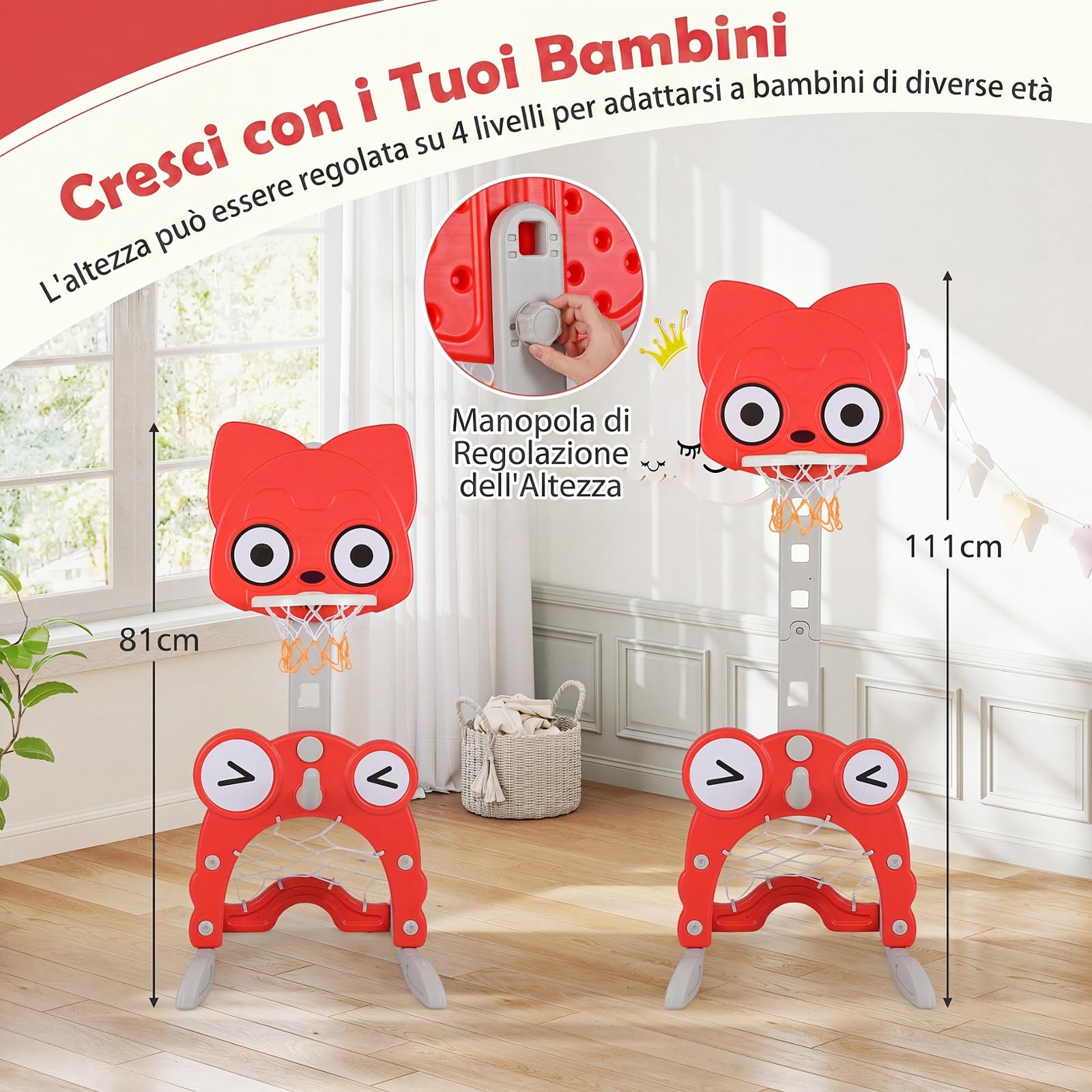 COSTWAY Canestro da Basket 4 in 1 per Bambini 3+ Anni, Altezza 118-148 cm | Centro di Attività Forma Volpe in HDPE con Golf, Calcio e Anelli da Lancio, Base Riempibile, per Cameretta e Asilo Nido