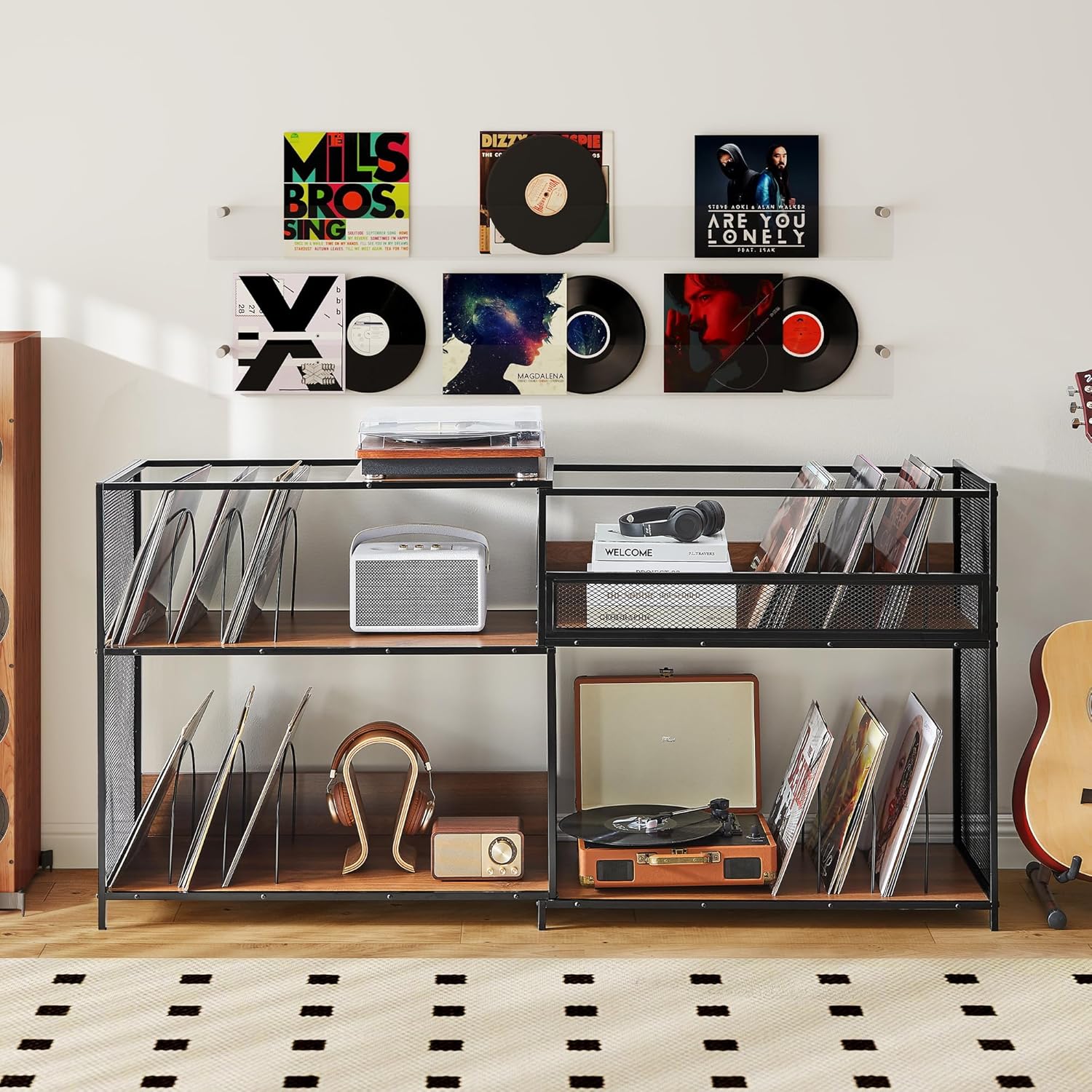 RARZOE Large Record Player Stand, Mid Century Concord Turntable Stand Table Holds Up to 350 Albums, Vinyl Record Storage Cabinet with Wood Legs for Living Room Office, Walnut Brown